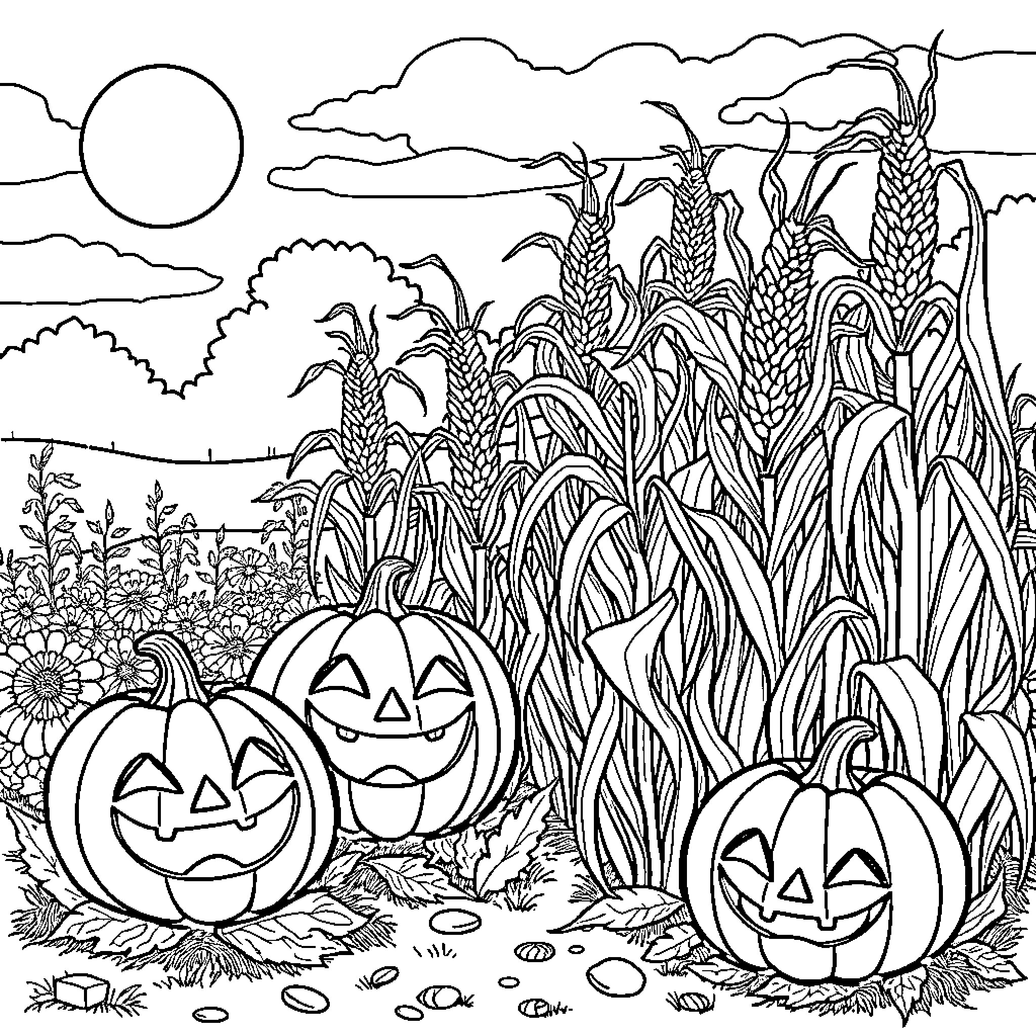 Jackolantern in Autumn Harvest Landscape Coloring Page (free black-and-white line drawing printable PDF for all, from beginners to advanced learners, including children, teens, adults, and seniors)