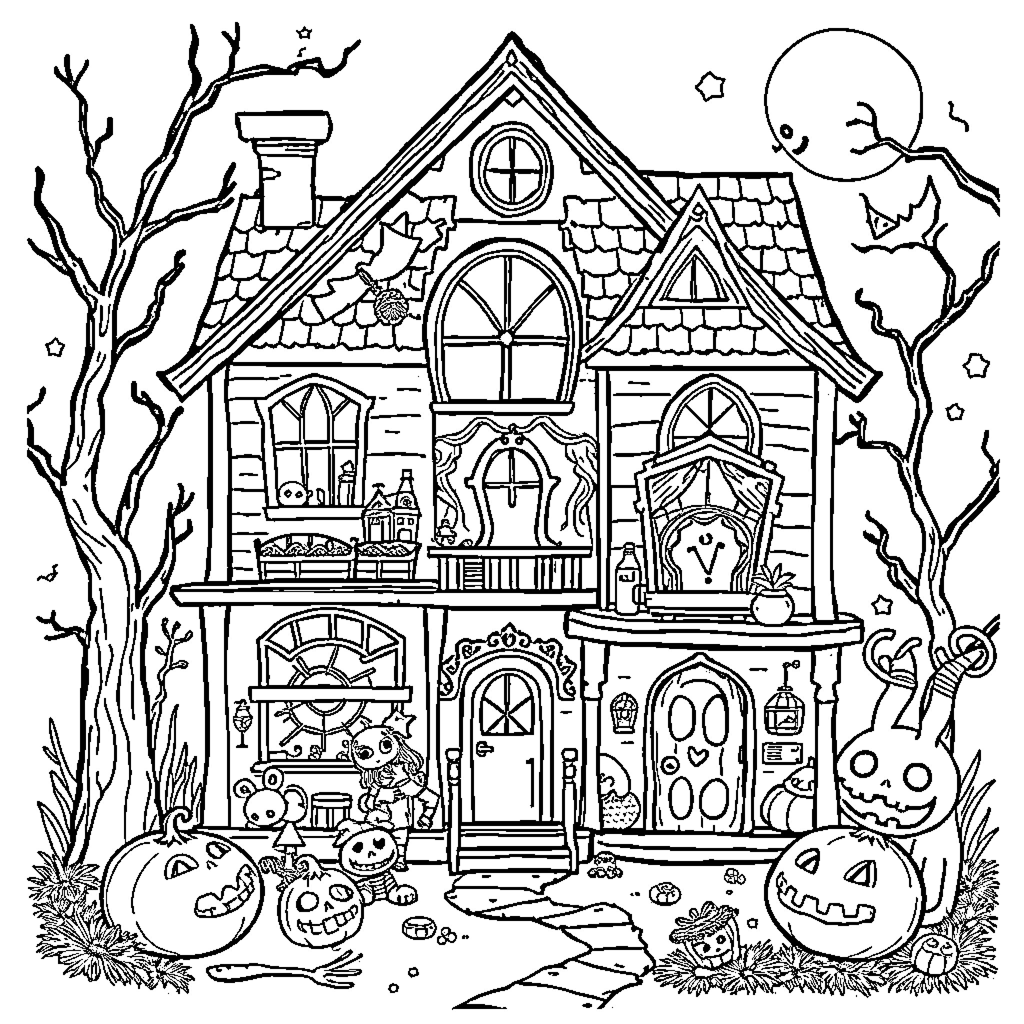 Dollhouse with Whimsical Halloween Decor Coloring Page (free black-and-white line drawing printable PDF for all, from beginners to advanced learners, including children, teens, adults, and seniors)