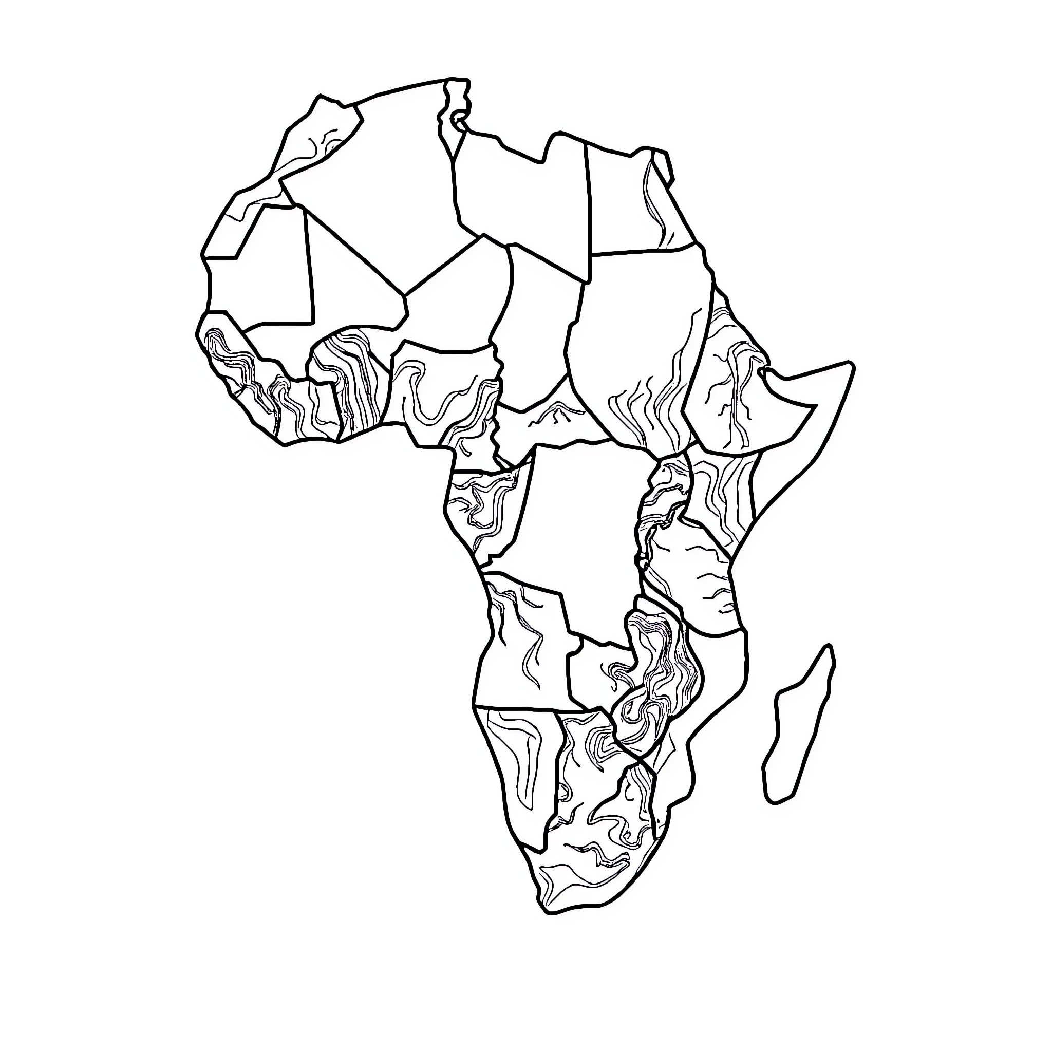 Map of abstract African continent outline Coloring Page (free black-and-white line drawing printable PDF for all, from beginners to advanced learners, including children, teens, adults, and seniors)