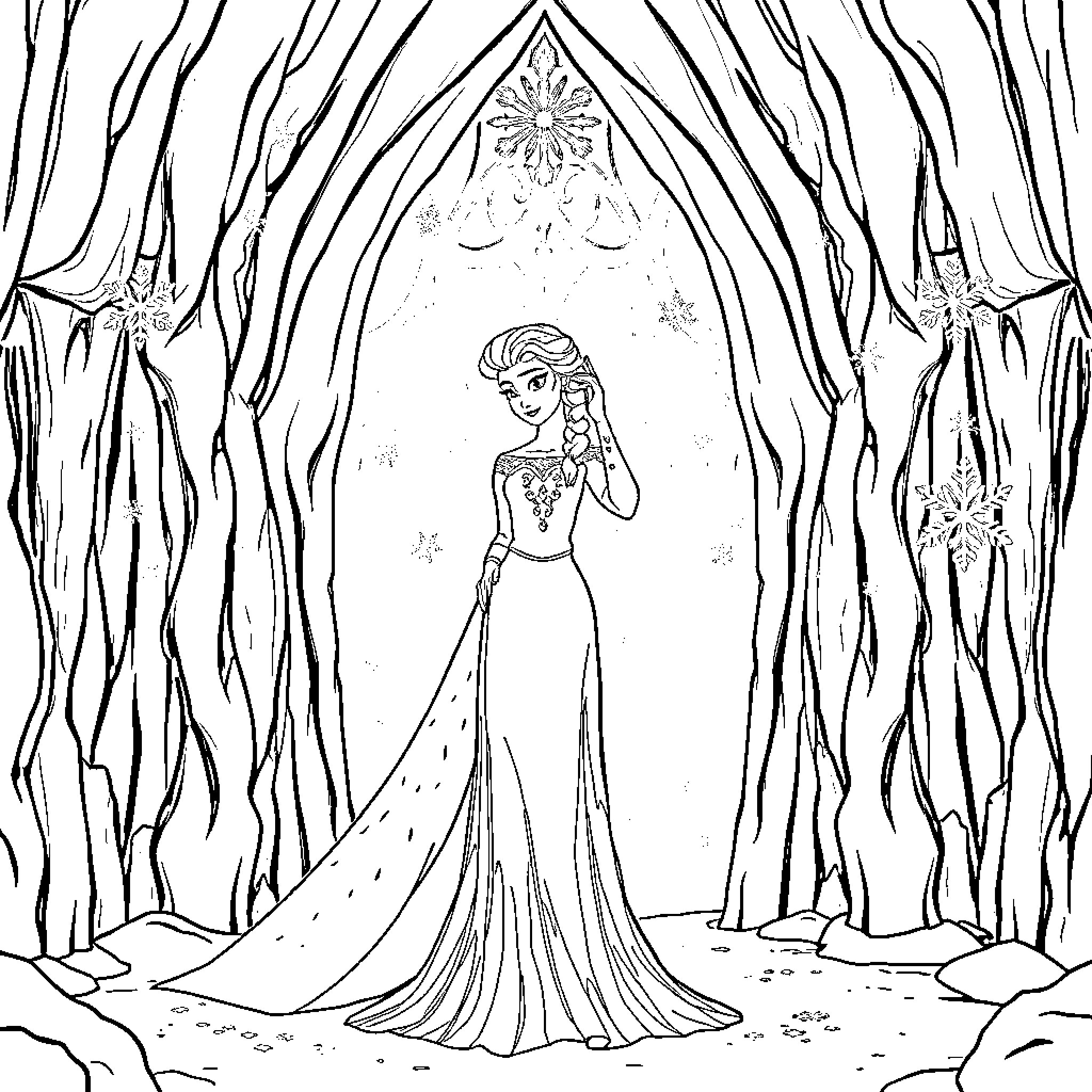 Elsa in a majestic gown at the ice palace Coloring Page (free black-and-white line drawing printable PDF for all, from beginners to advanced learners, including children, teens, adults, and seniors)