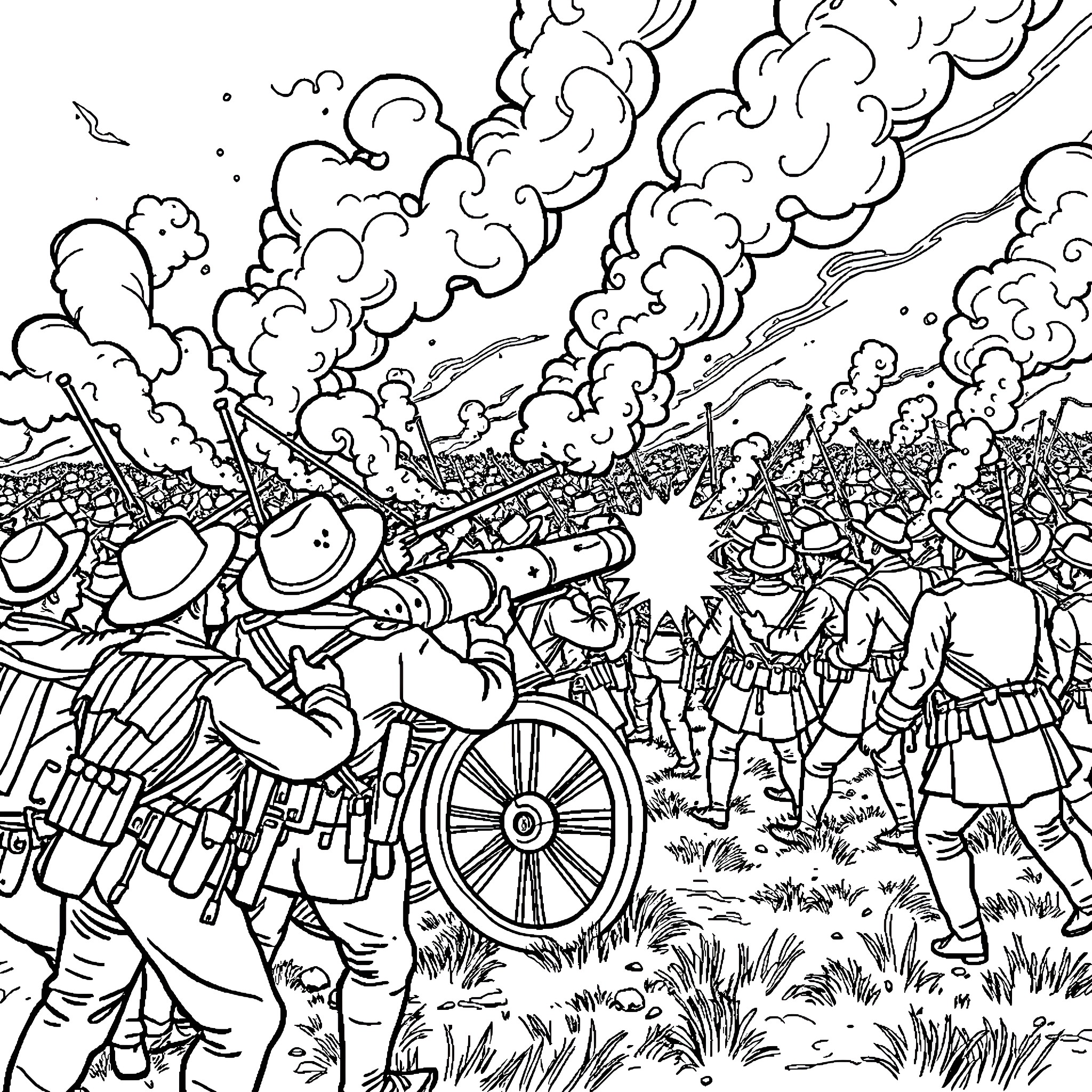 Civil War Battle Scene with Soldiers and Artillery Coloring Page (free black-and-white line drawing printable PDF for all, from beginners to advanced learners, including children, teens, adults, and seniors)