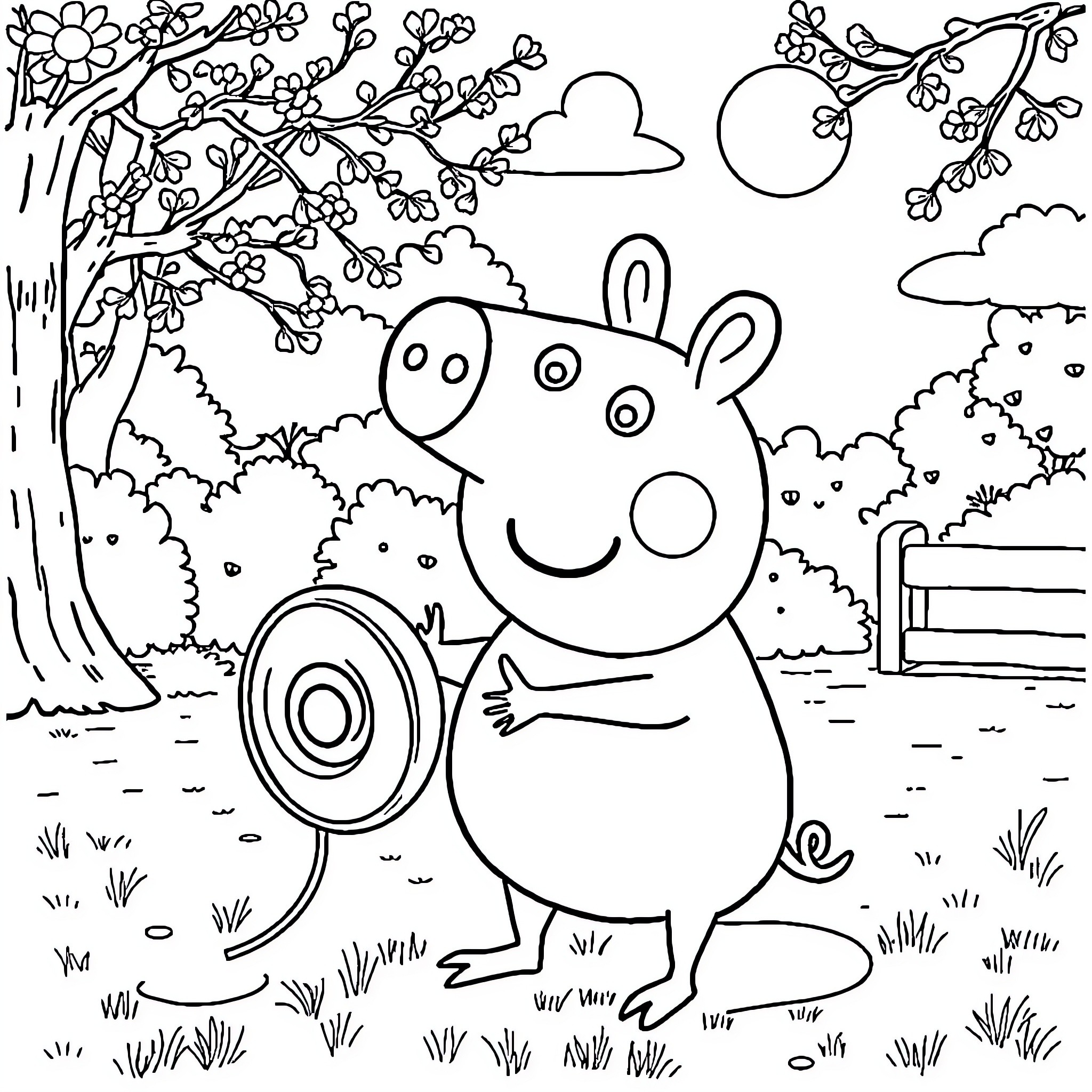 Daddy Pig enjoying a sunny day in the park Coloring Page (free black-and-white line drawing printable PDF for all, from beginners to advanced learners, including children, teens, adults, and seniors)