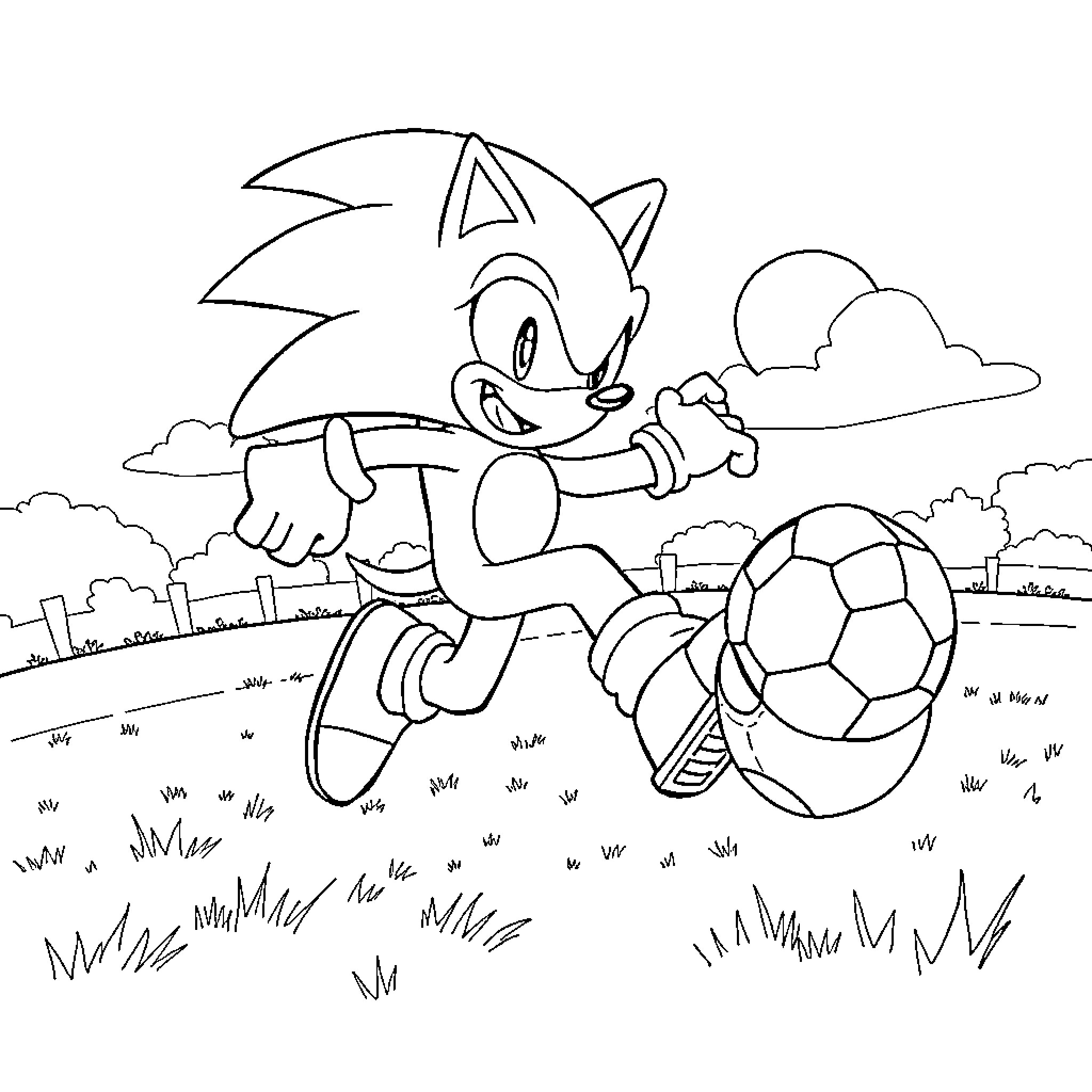 Sonic playing with soccer ball on grassy field Coloring Page (free black-and-white line drawing printable PDF for all, from beginners to advanced learners, including children, teens, adults, and seniors)