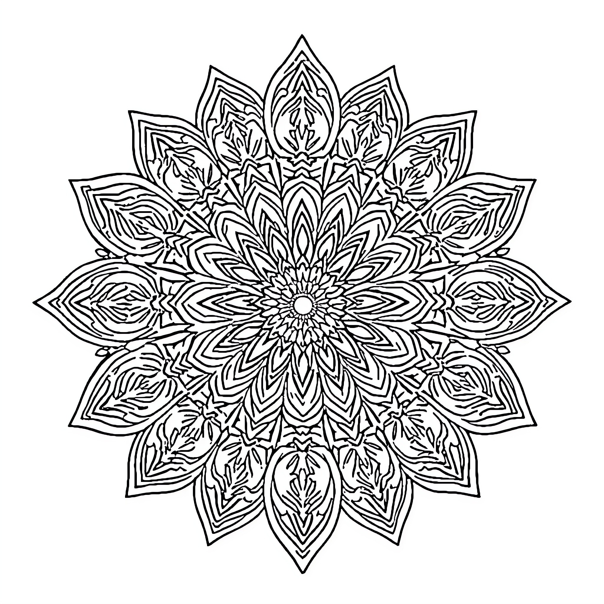 Mandala of intricate floral patterns Coloring Page (free black-and-white line drawing printable PDF for all, from beginners to advanced learners, including children, teens, adults, and seniors)