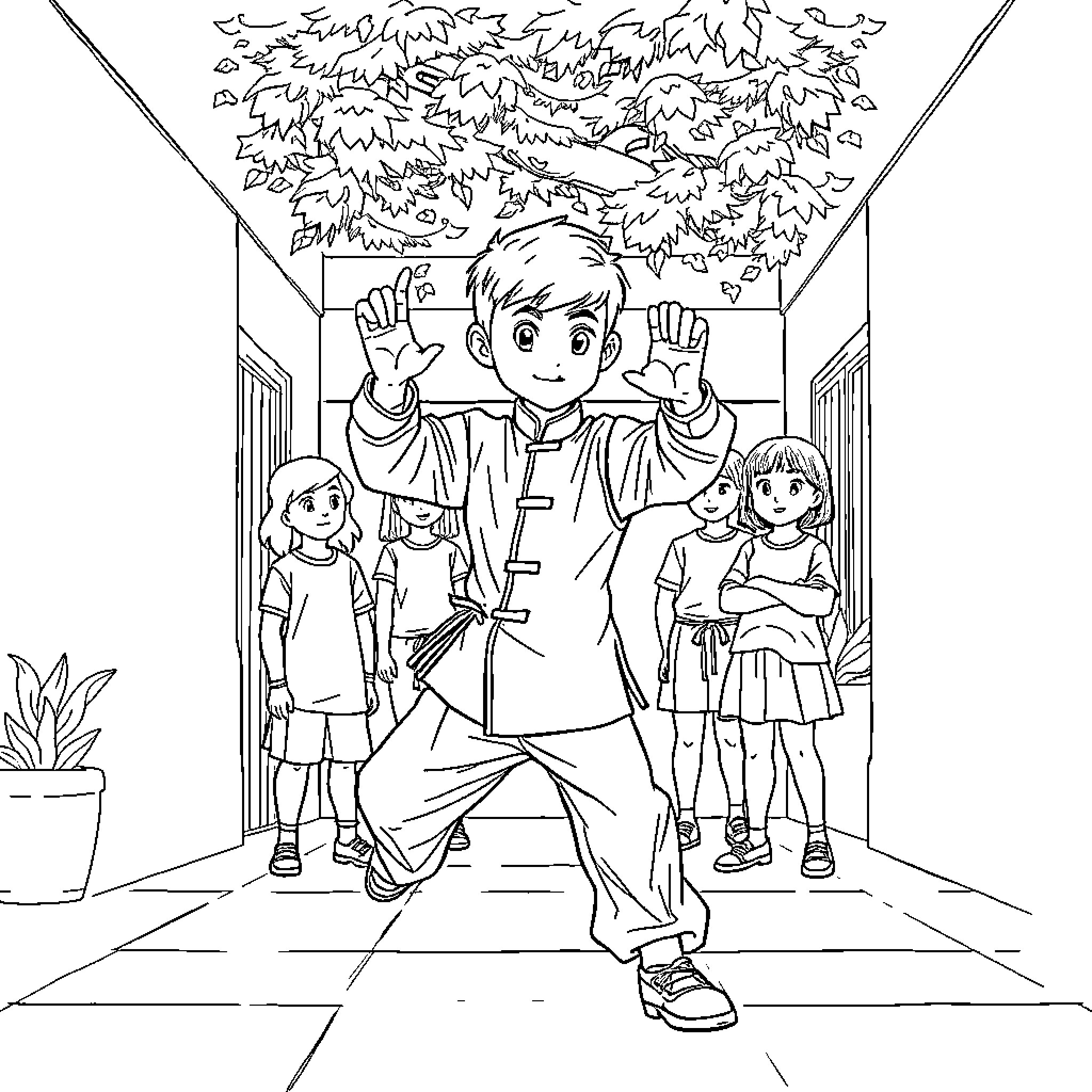 Niño waving happily with friends in the hallway Coloring Page (free black-and-white line drawing printable PDF for all, from beginners to advanced learners, including children, teens, adults, and seniors)