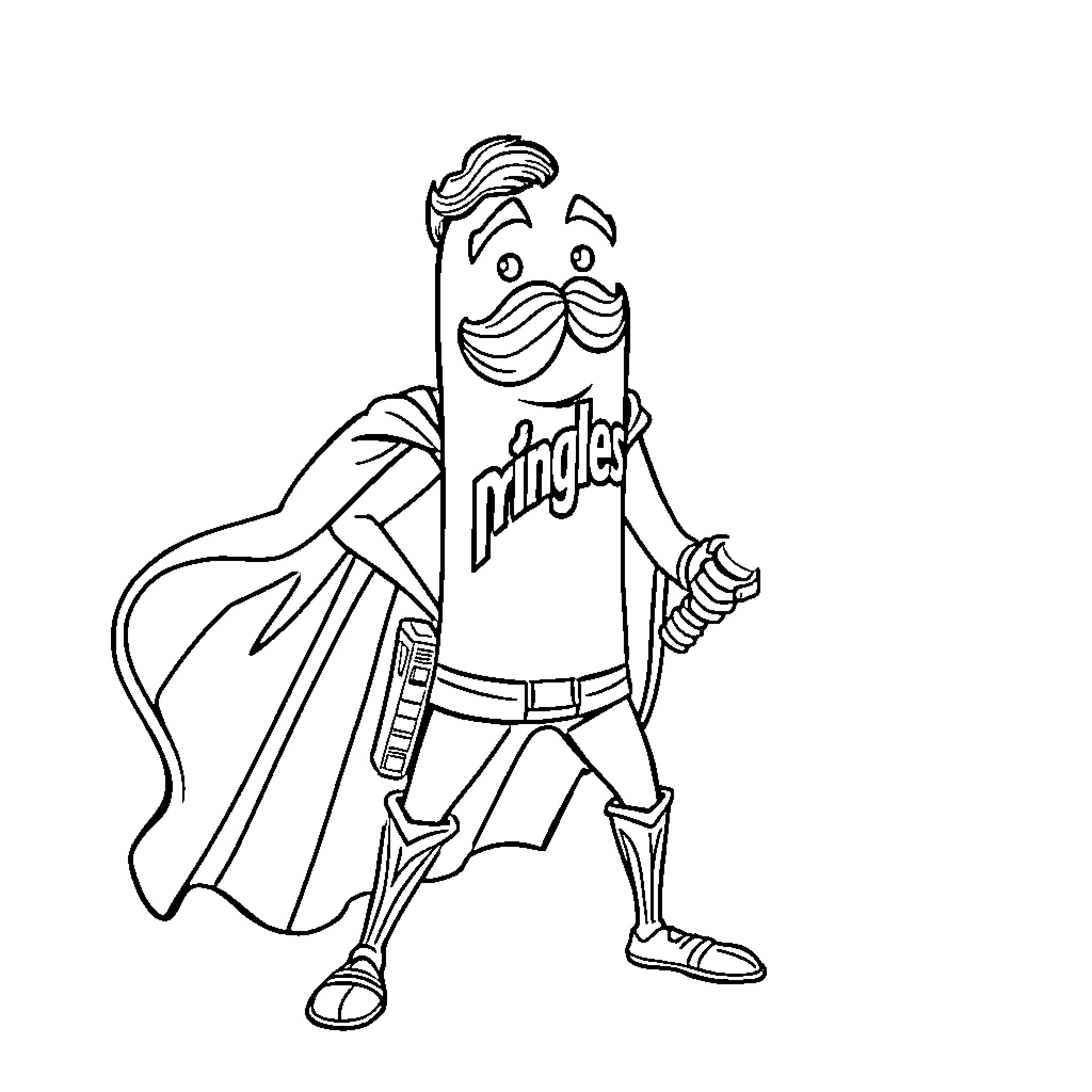 Pringle Man as a Superhero with Pringles Logo Coloring Page (free black-and-white line drawing printable PDF for all, from beginners to advanced learners, including children, teens, adults, and seniors)