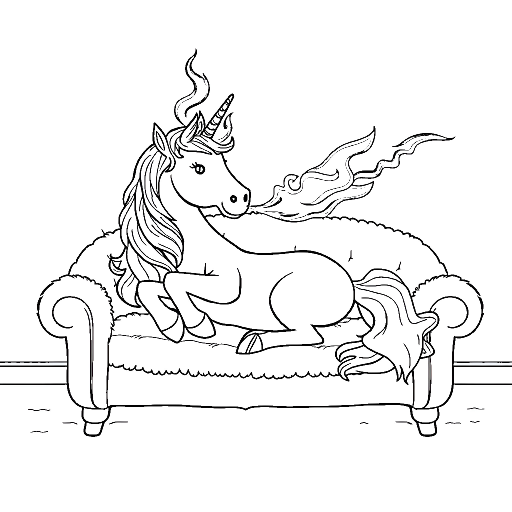 Unicorn resting majestically on a couch Coloring Page (free black-and-white line drawing printable PDF for all, from beginners to advanced learners, including children, teens, adults, and seniors)