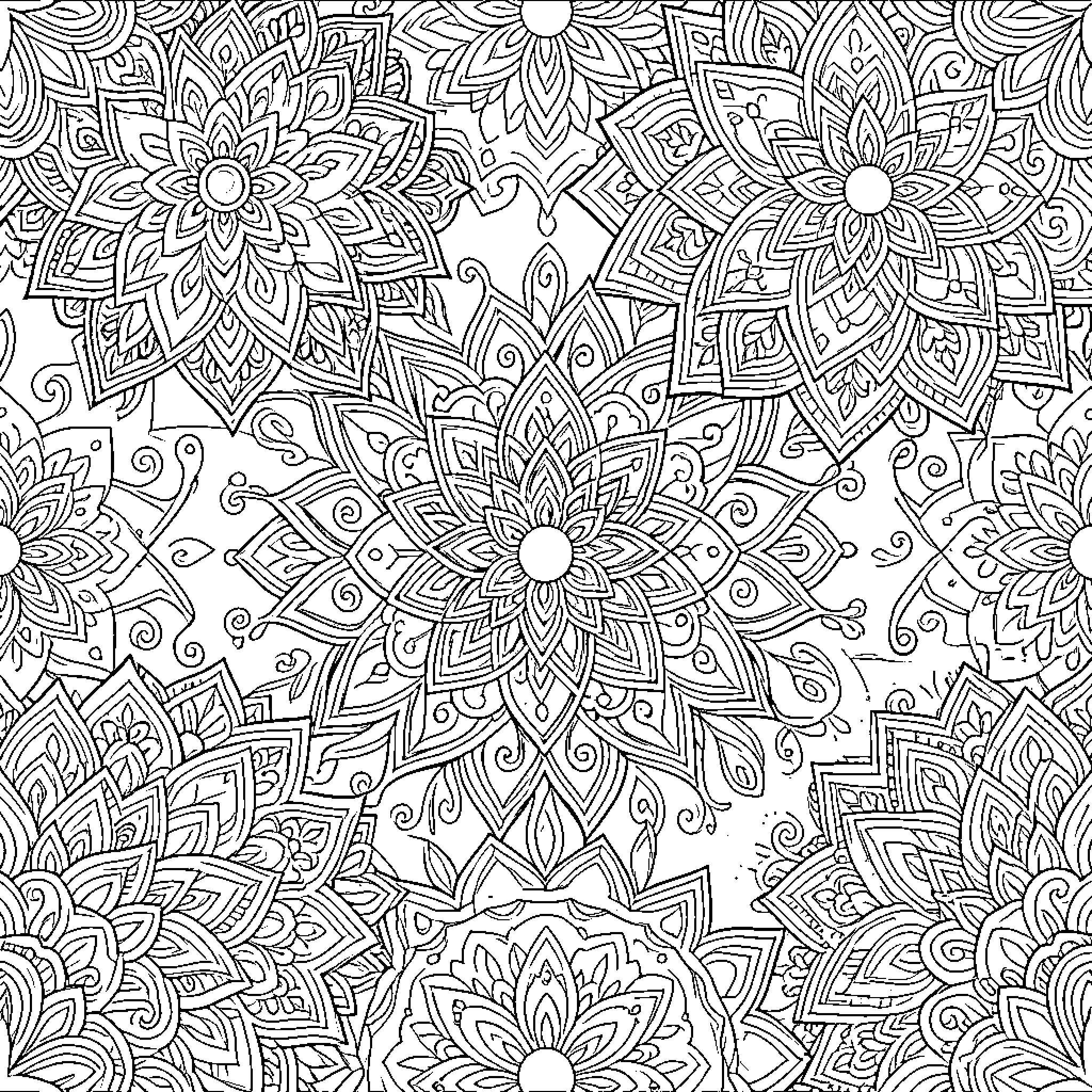 Mandalas of intricate floral patterns and designs Coloring Page (free black-and-white line drawing printable PDF for all, from beginners to advanced learners, including children, teens, adults, and seniors)