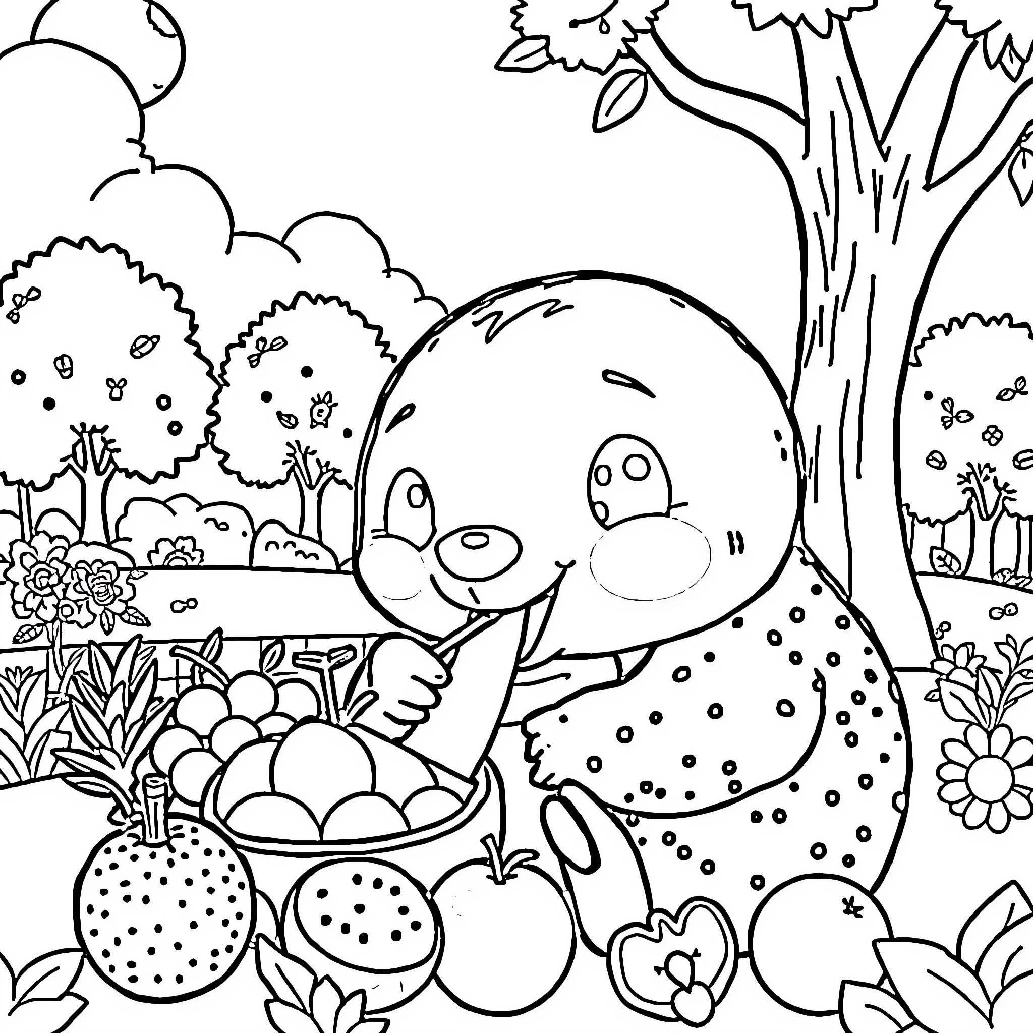 Labubu enjoying a bountiful harvest in the garden Coloring Page (free black-and-white line drawing printable PDF for all, from beginners to advanced learners, including children, teens, adults, and seniors)