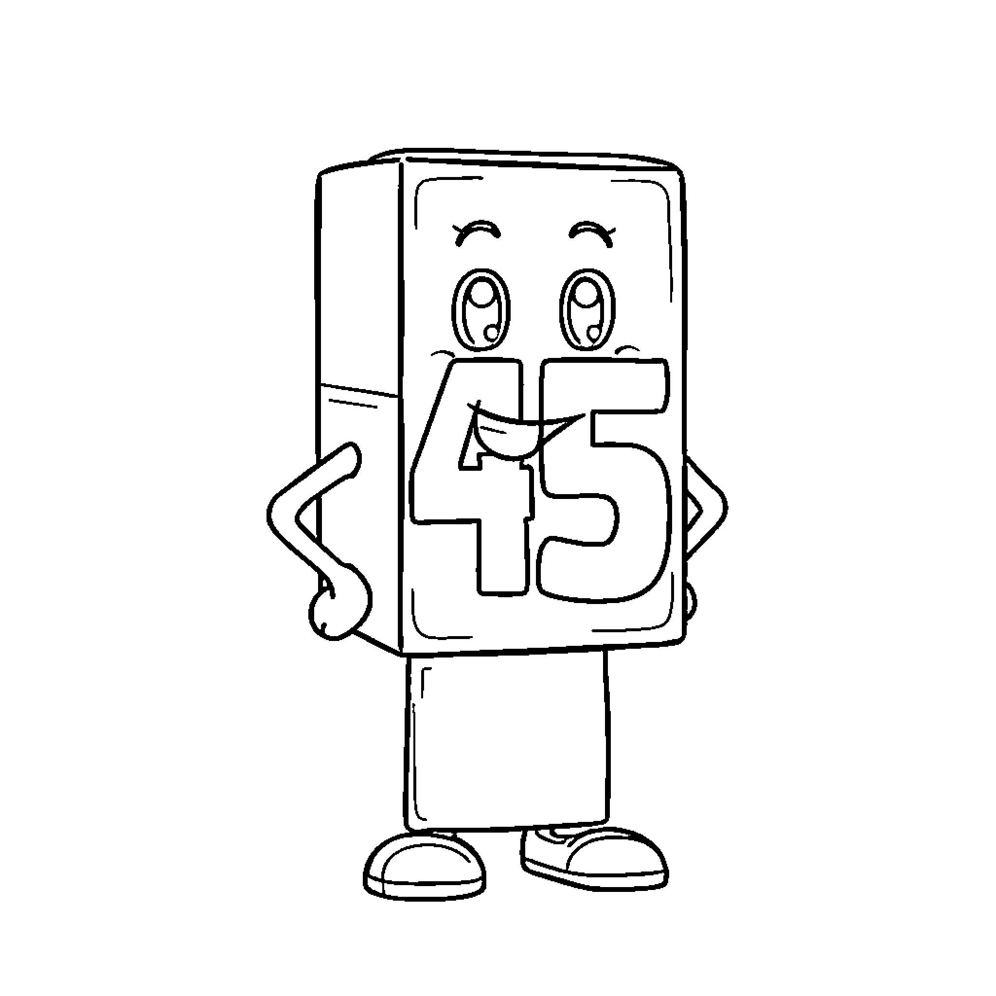 Numberblock 45 standing happily Coloring Page (free black-and-white line drawing printable PDF for all, from beginners to advanced learners, including children, teens, adults, and seniors)