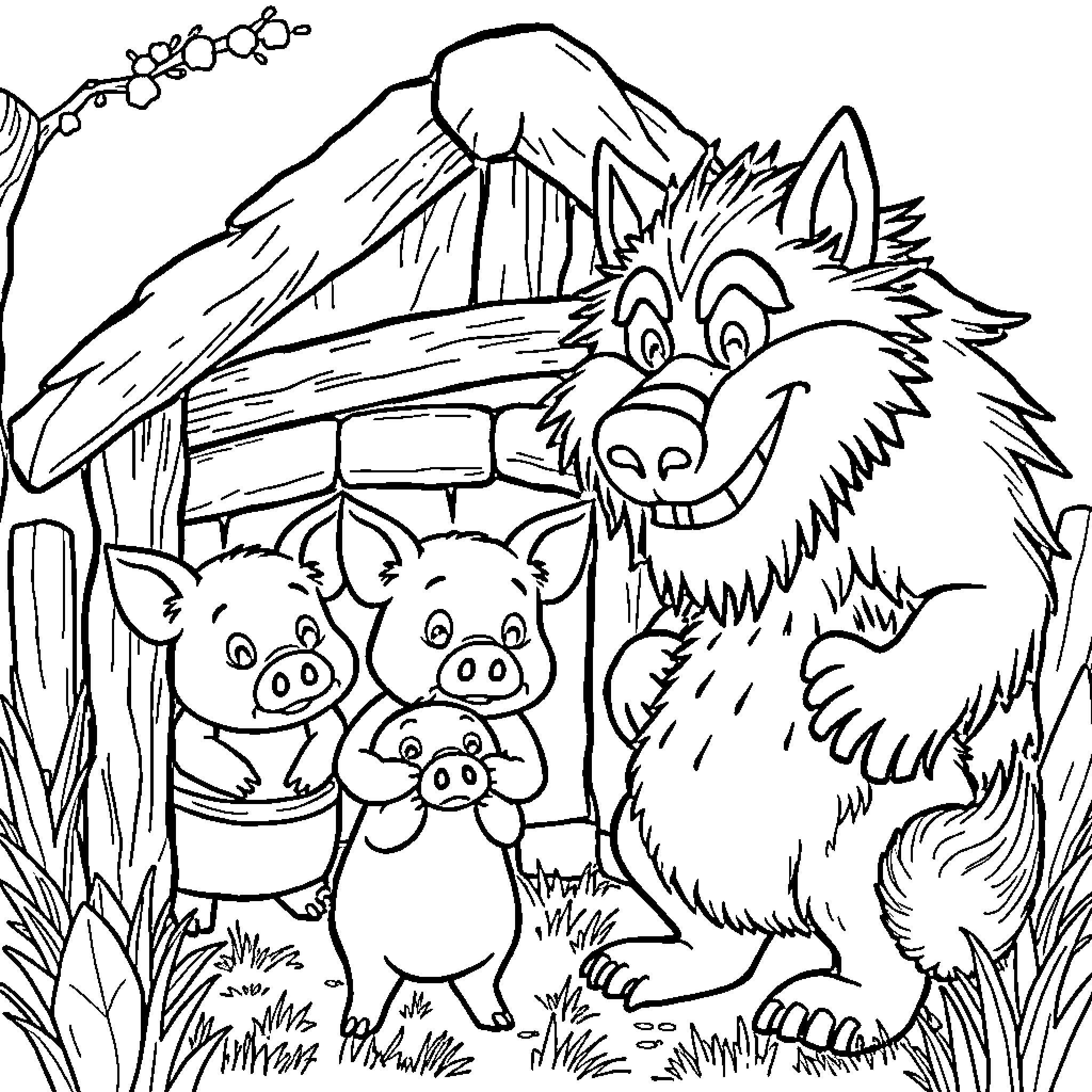 Pig family enjoying the outdoors with a friendly wolf Coloring Page (free black-and-white line drawing printable PDF for all, from beginners to advanced learners, including children, teens, adults, and seniors)