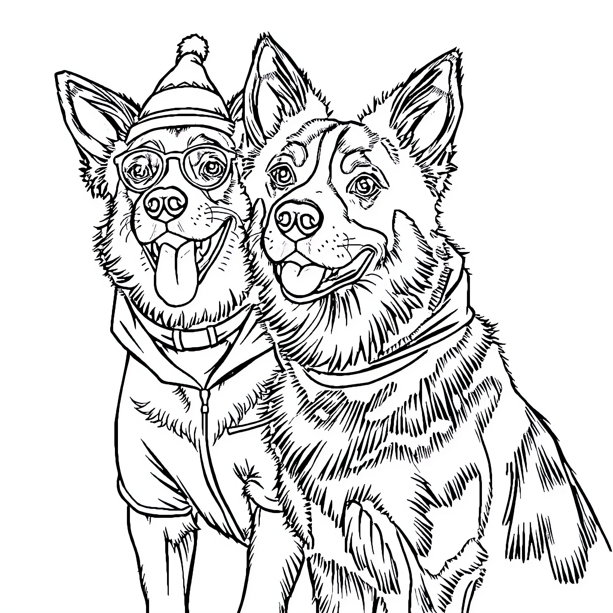 Dog friends wearing festive hats and glasses Coloring Page (free black-and-white line drawing printable PDF for all, from beginners to advanced learners, including children, teens, adults, and seniors)