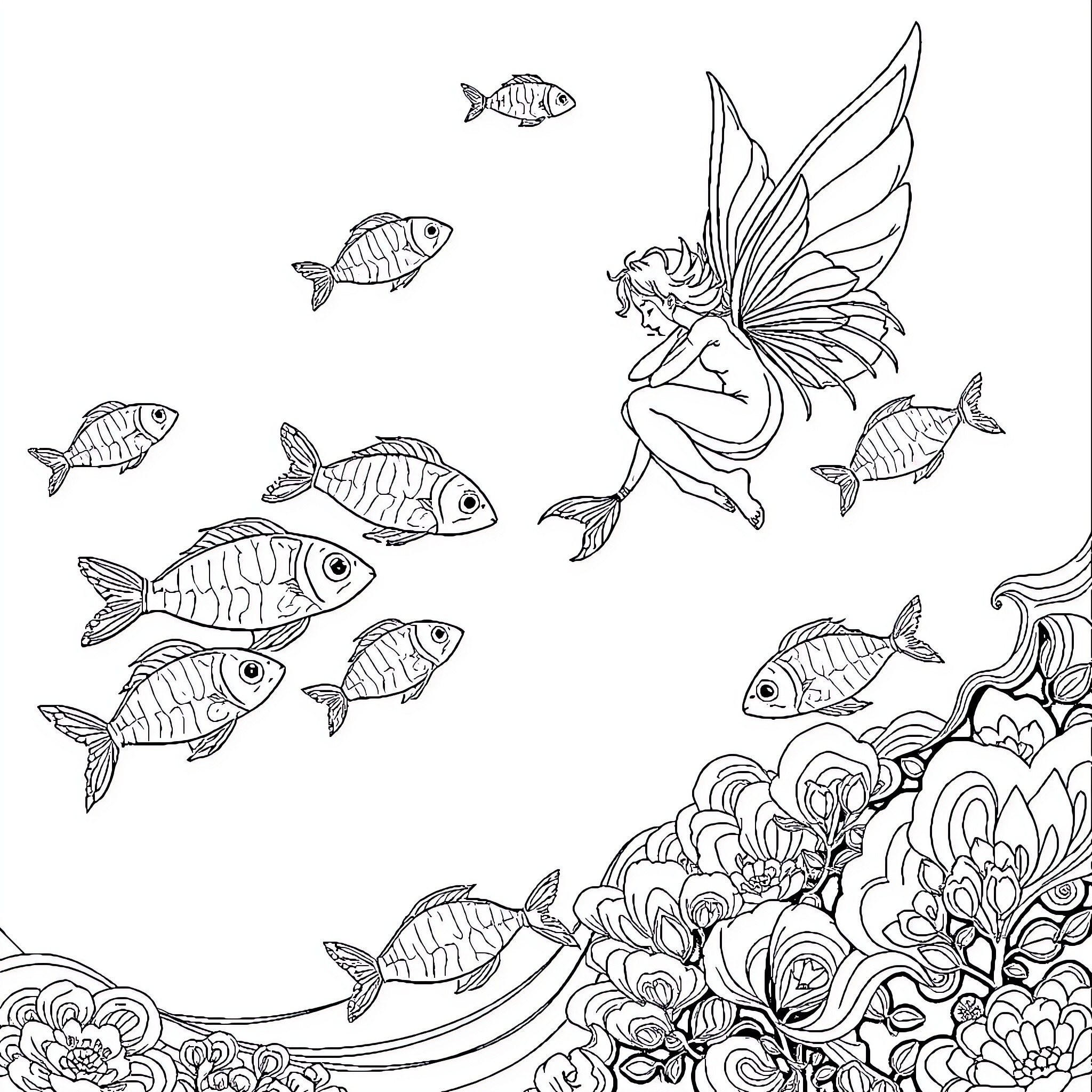 Fairy swimming with magical aquatic creatures Coloring Page (free black-and-white line drawing printable PDF for all, from beginners to advanced learners, including children, teens, adults, and seniors)
