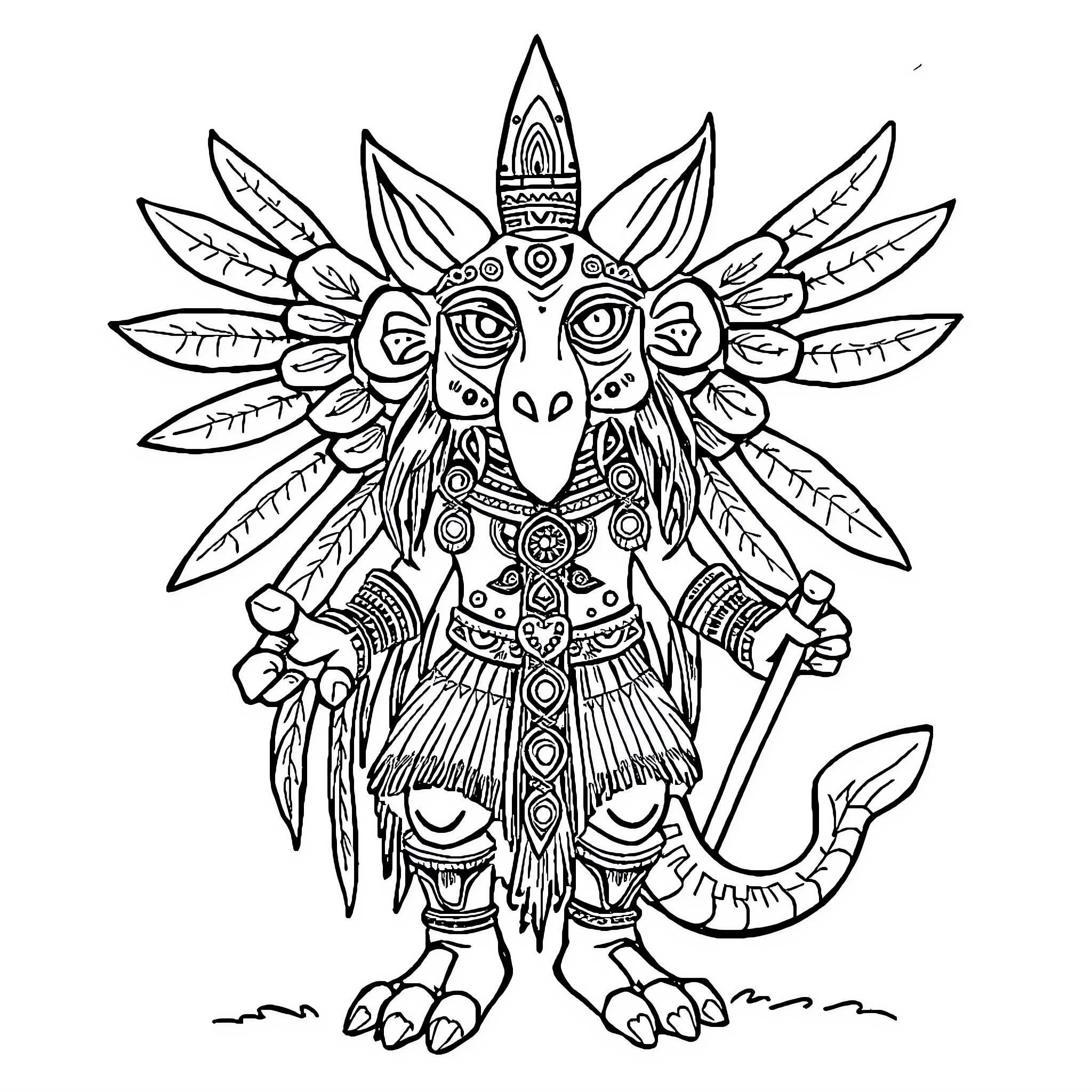 Nahual Creature in Ornate Ceremonial Attire Coloring Page (free black-and-white line drawing printable PDF for all, from beginners to advanced learners, including children, teens, adults, and seniors)