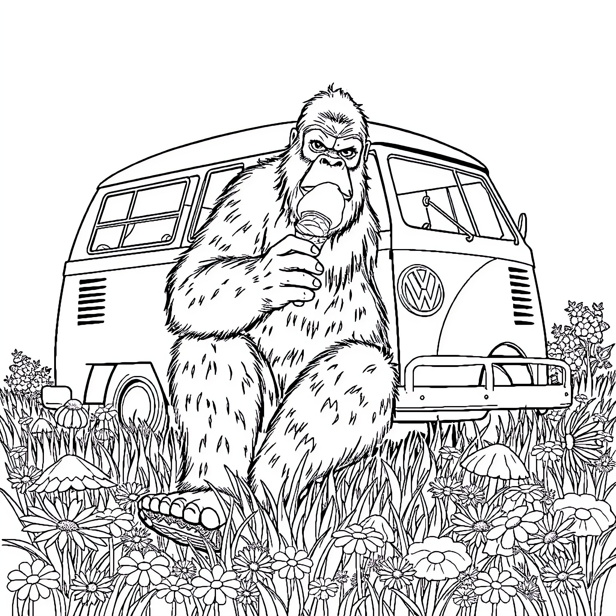 Bigfoot lounging in a field of flowers Coloring Page (free black-and-white line drawing printable PDF for all, from beginners to advanced learners, including children, teens, adults, and seniors)
