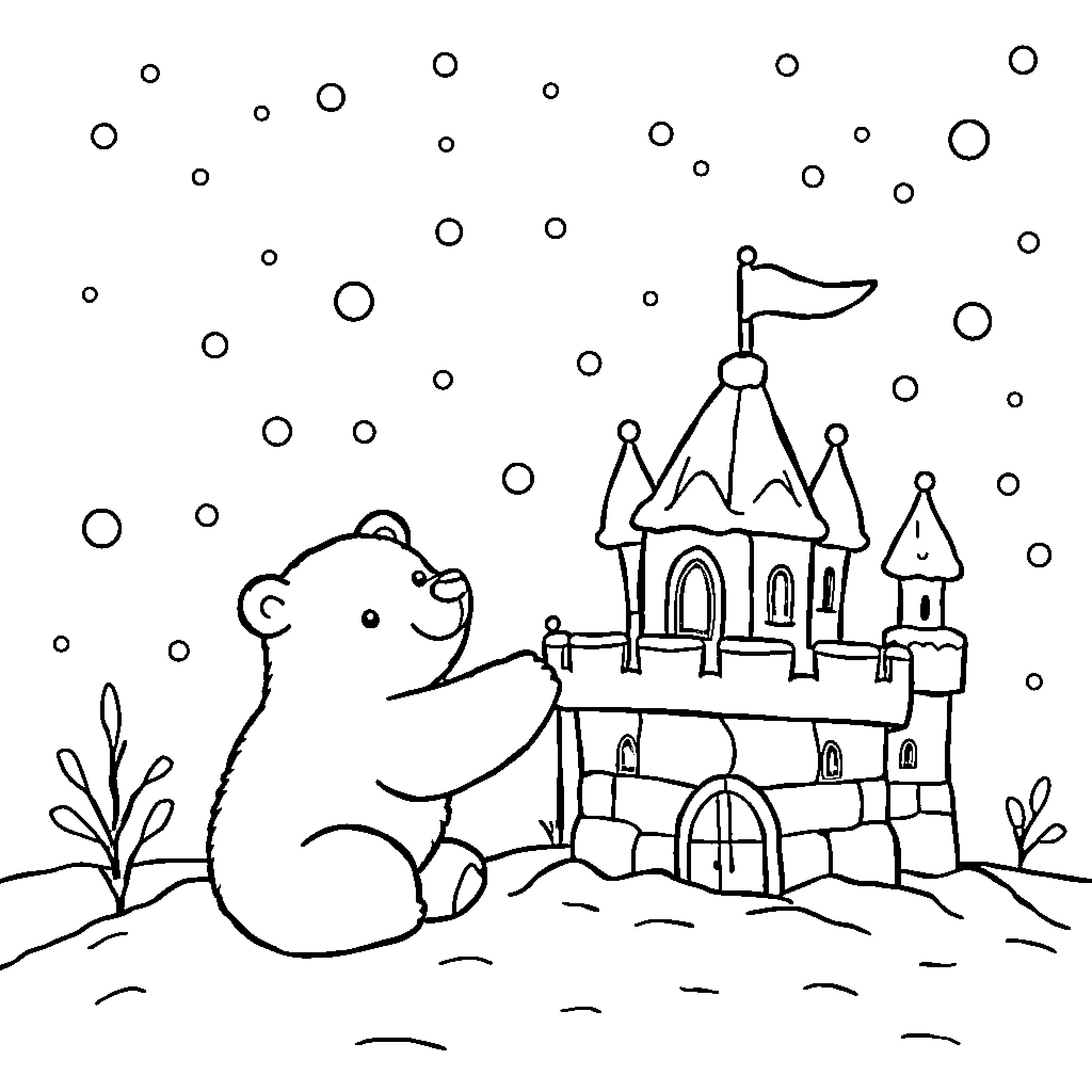 Polar Bear playing near a castle in the snow Coloring Page (free black-and-white line drawing printable PDF for all, from beginners to advanced learners, including children, teens, adults, and seniors)