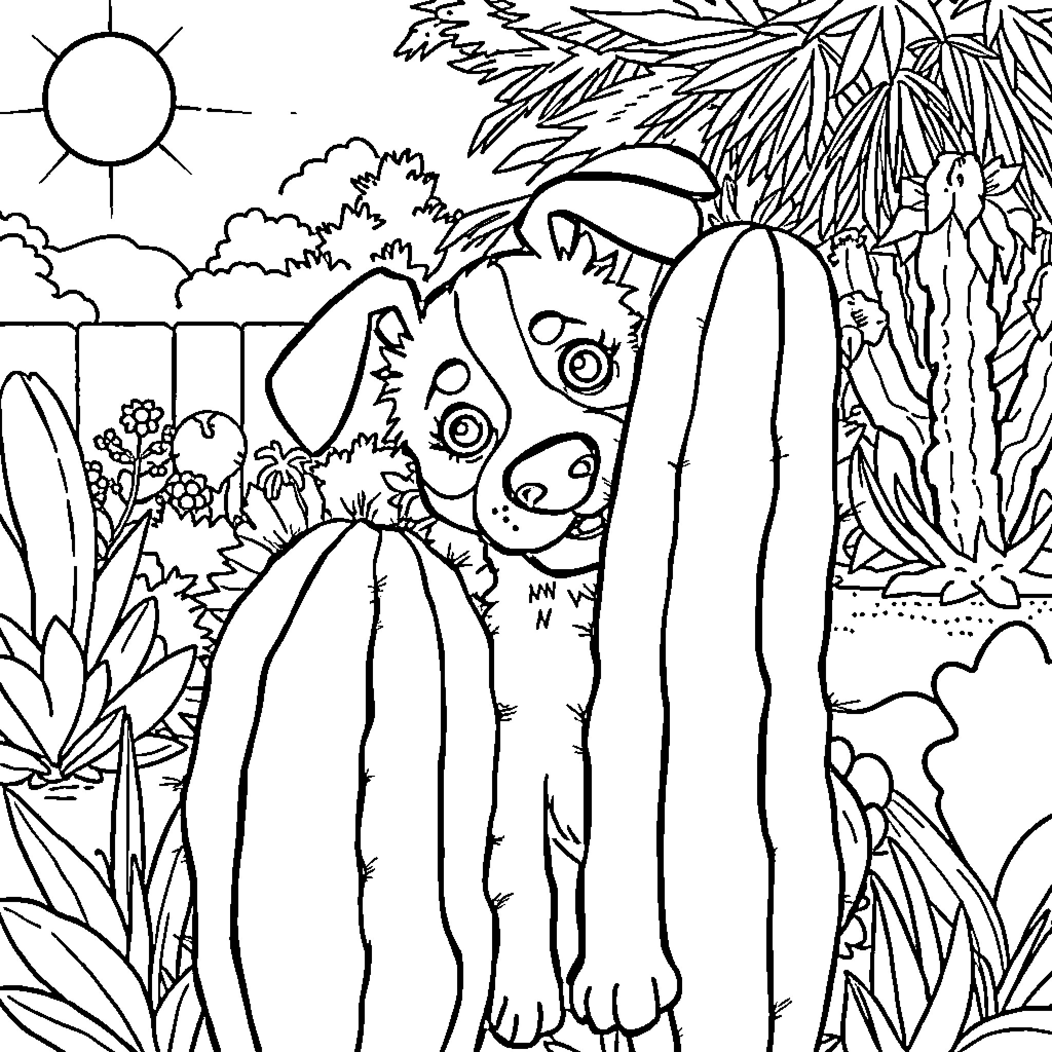 Dog peeking through tropical foliage Coloring Page (free black-and-white line drawing printable PDF for all, from beginners to advanced learners, including children, teens, adults, and seniors)