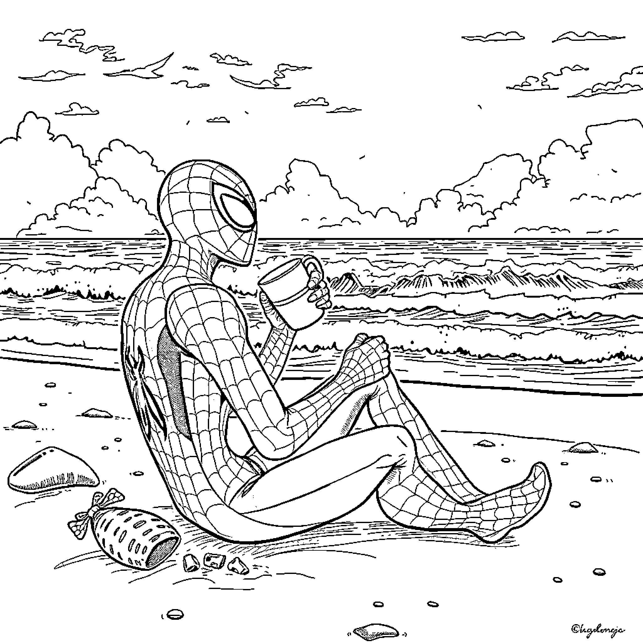 Spiderman sitting on the beach drinking from a mug Coloring Page (free black-and-white line drawing printable PDF for all, from beginners to advanced learners, including children, teens, adults, and seniors)