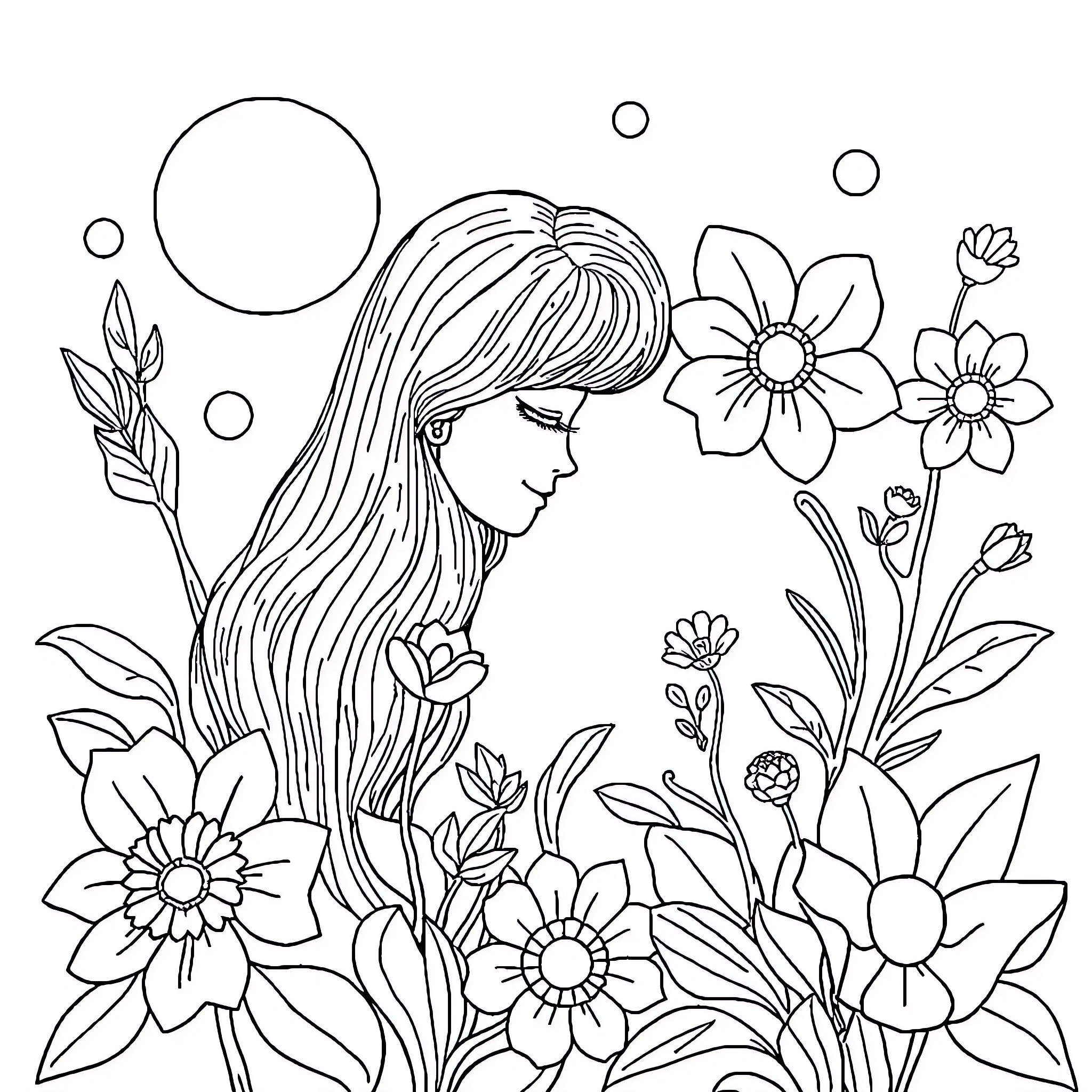 Stress Relief: Whimsical Floral Escape Coloring Page (free black-and-white line drawing printable PDF for all, from beginners to advanced learners, including children, teens, adults, and seniors)