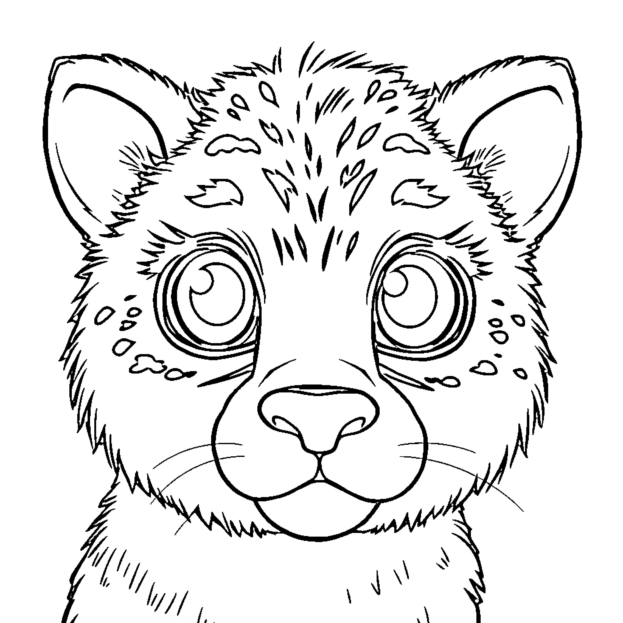 Eye and Ear of an Expressive Feline Coloring Page (free black-and-white line drawing printable PDF for all, from beginners to advanced learners, including children, teens, adults, and seniors)