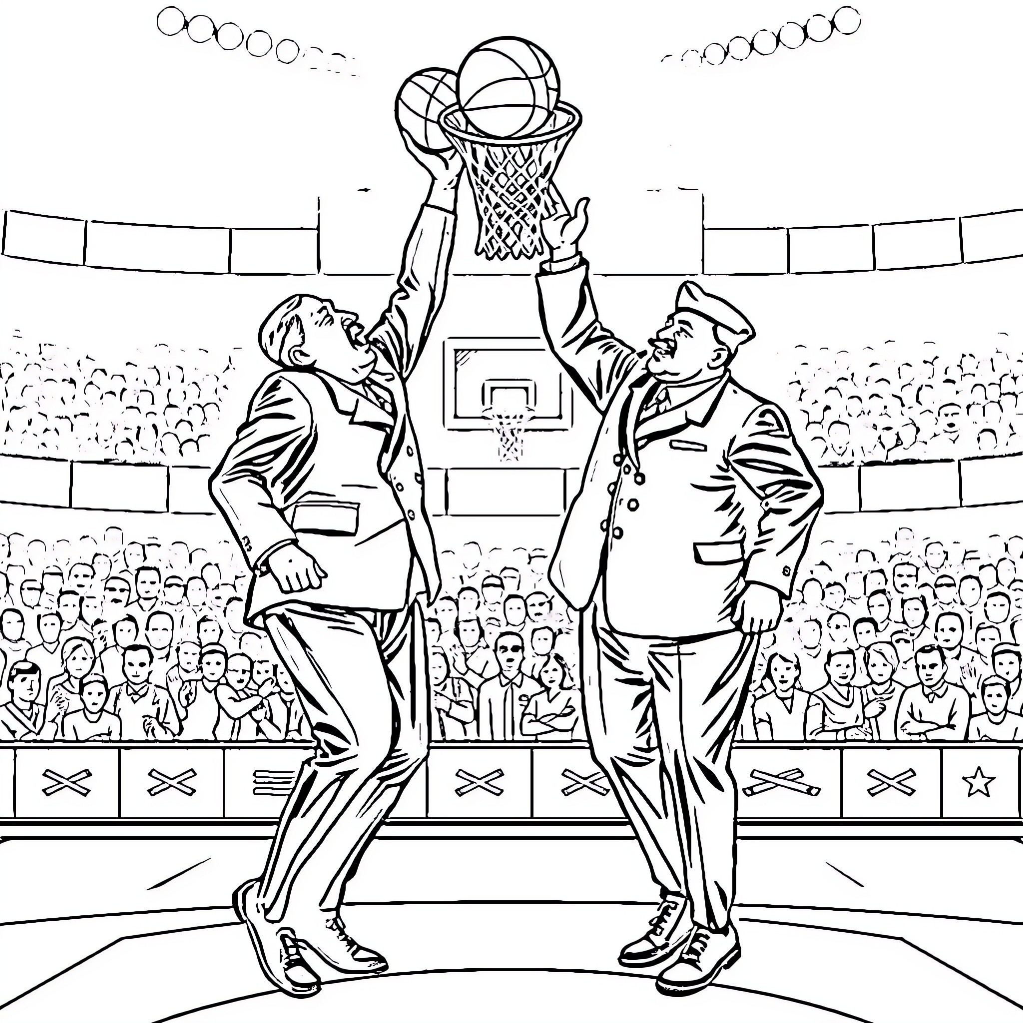 Adolf Hitler playing basketball with a Nazi official in a stadium Coloring Page (free black-and-white line drawing printable PDF for all, from beginners to advanced learners, including children, teens, adults, and seniors)