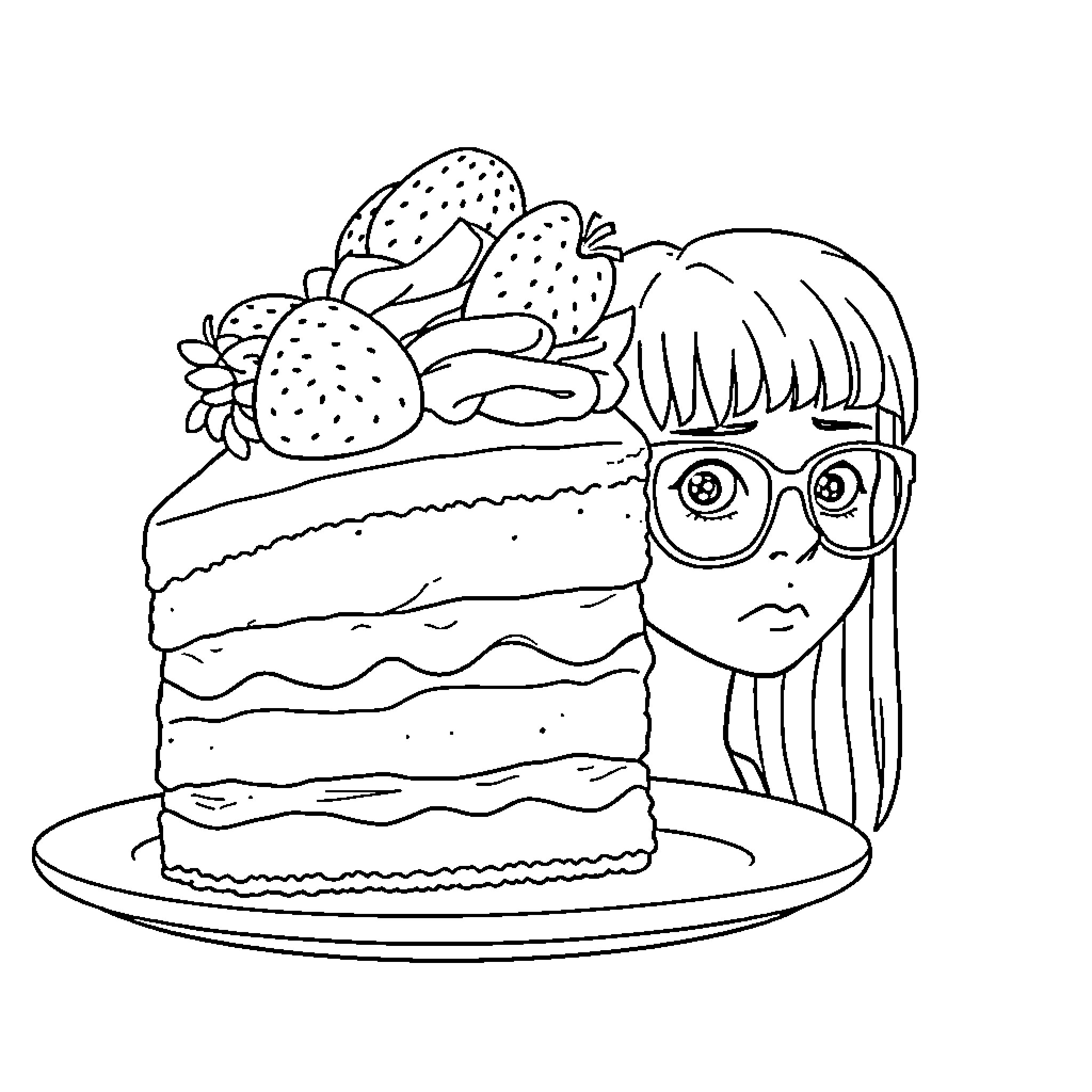 Strawberry Shortcake with Curious Girl Coloring Page (free black-and-white line drawing printable PDF for all, from beginners to advanced learners, including children, teens, adults, and seniors)
