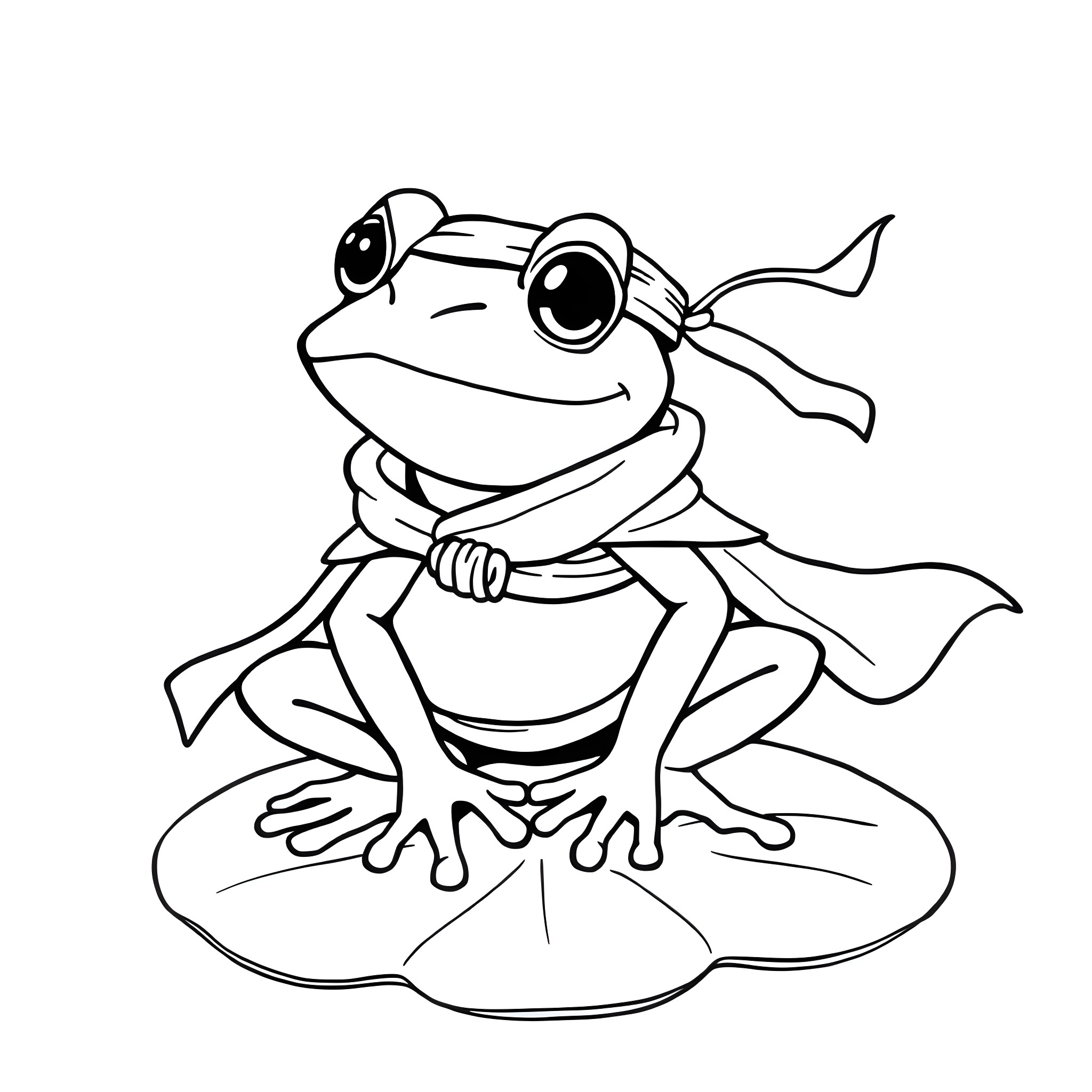 Frog sitting happily on a lily pad Coloring Page (free black-and-white line drawing printable PDF for all, from beginners to advanced learners, including children, teens, adults, and seniors)