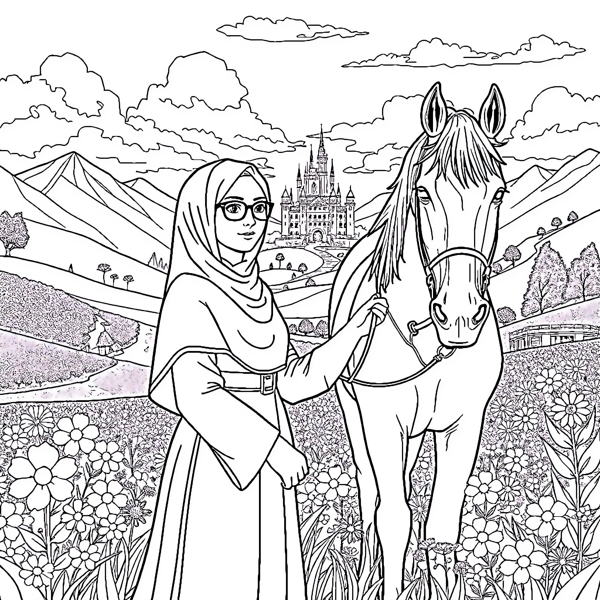 Princess in Elegant Attire Riding Horse with Castle in Background Coloring Page (free black-and-white line drawing printable PDF for all, from beginners to advanced learners, including children, teens, adults, and seniors)