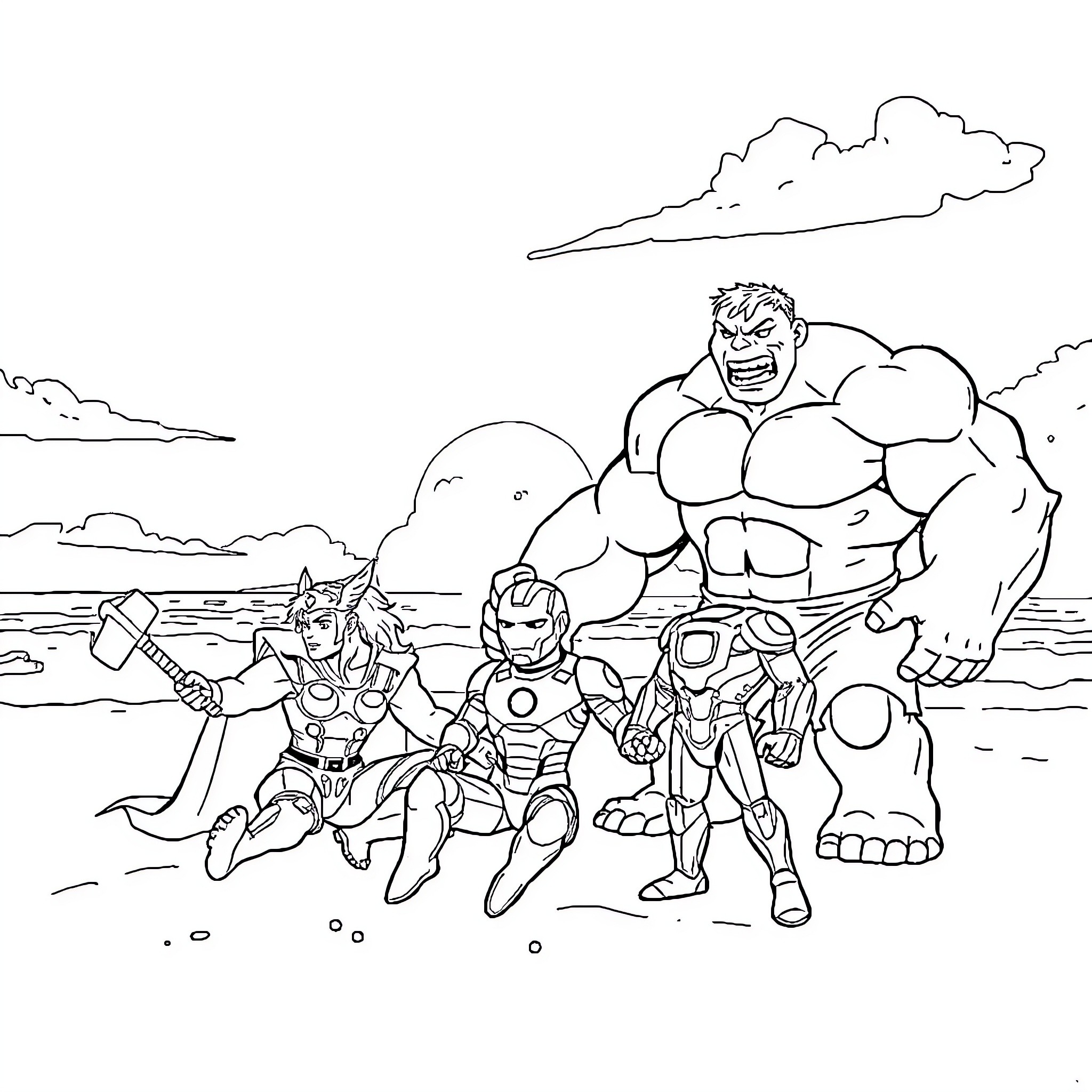 Thor and friends on an action-packed adventure Coloring Page (free black-and-white line drawing printable PDF for all, from beginners to advanced learners, including children, teens, adults, and seniors)