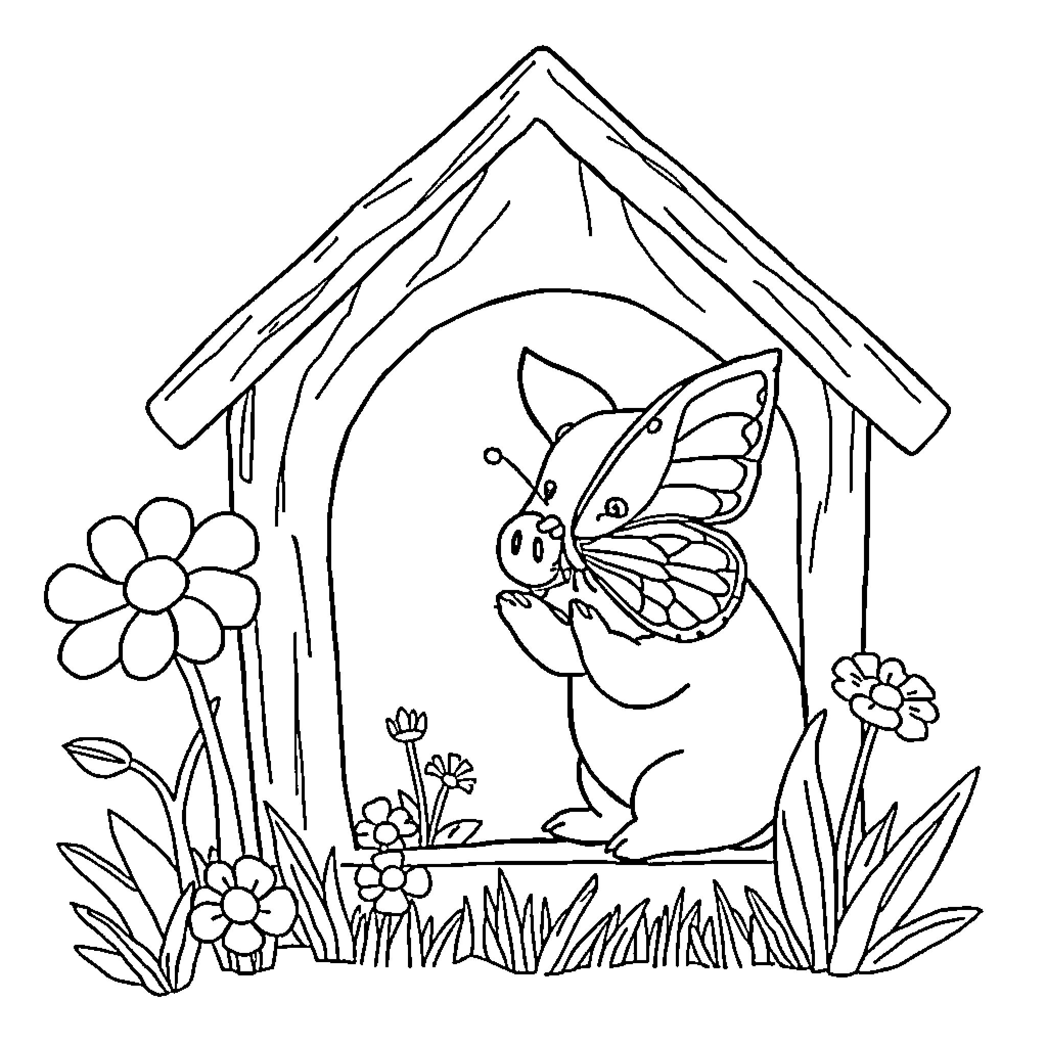 Pig with butterfly exploring flower-filled cottage Coloring Page (free black-and-white line drawing printable PDF for all, from beginners to advanced learners, including children, teens, adults, and seniors)