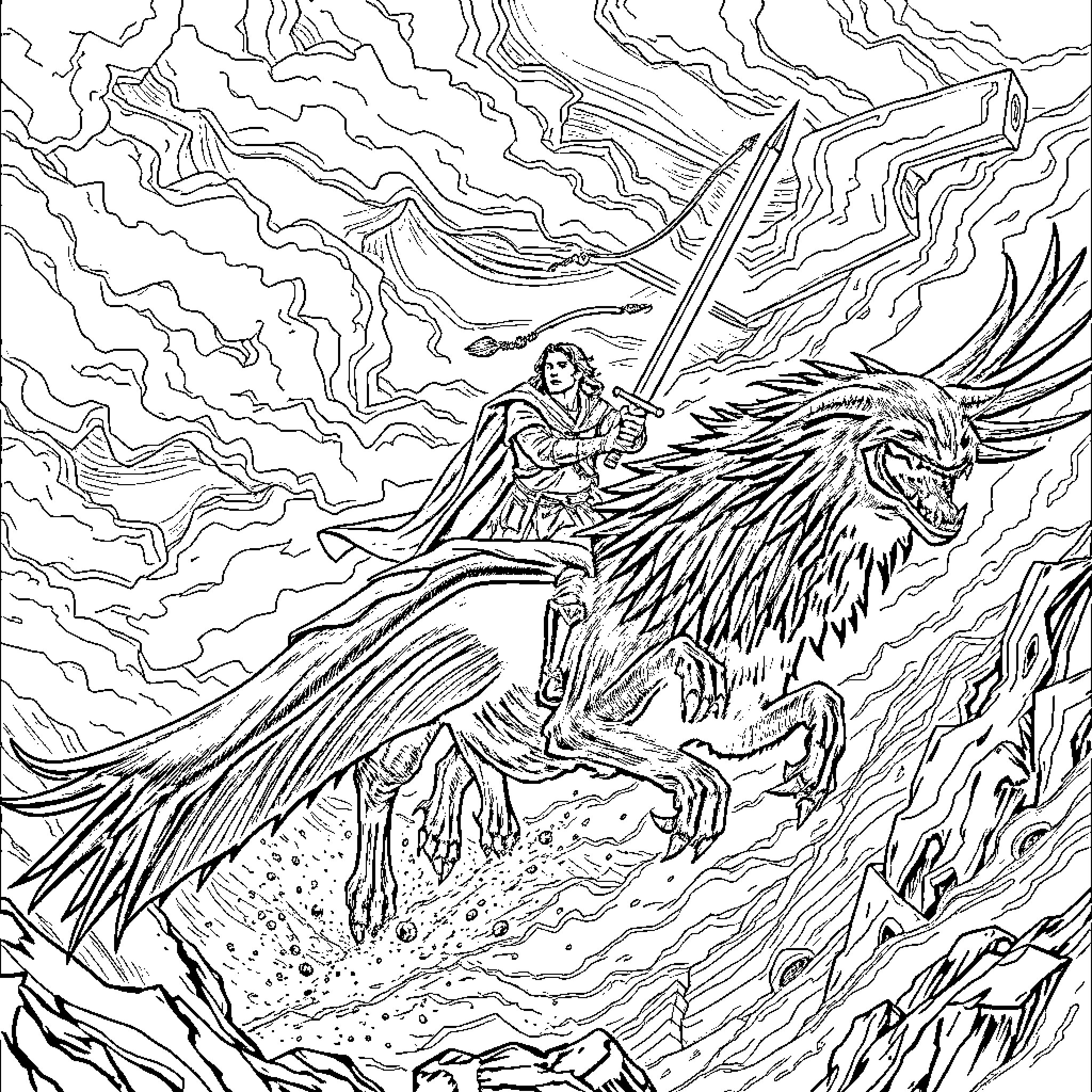 Aragorn riding a winged beast into battle Coloring Page (free black-and-white line drawing printable PDF for all, from beginners to advanced learners, including children, teens, adults, and seniors)