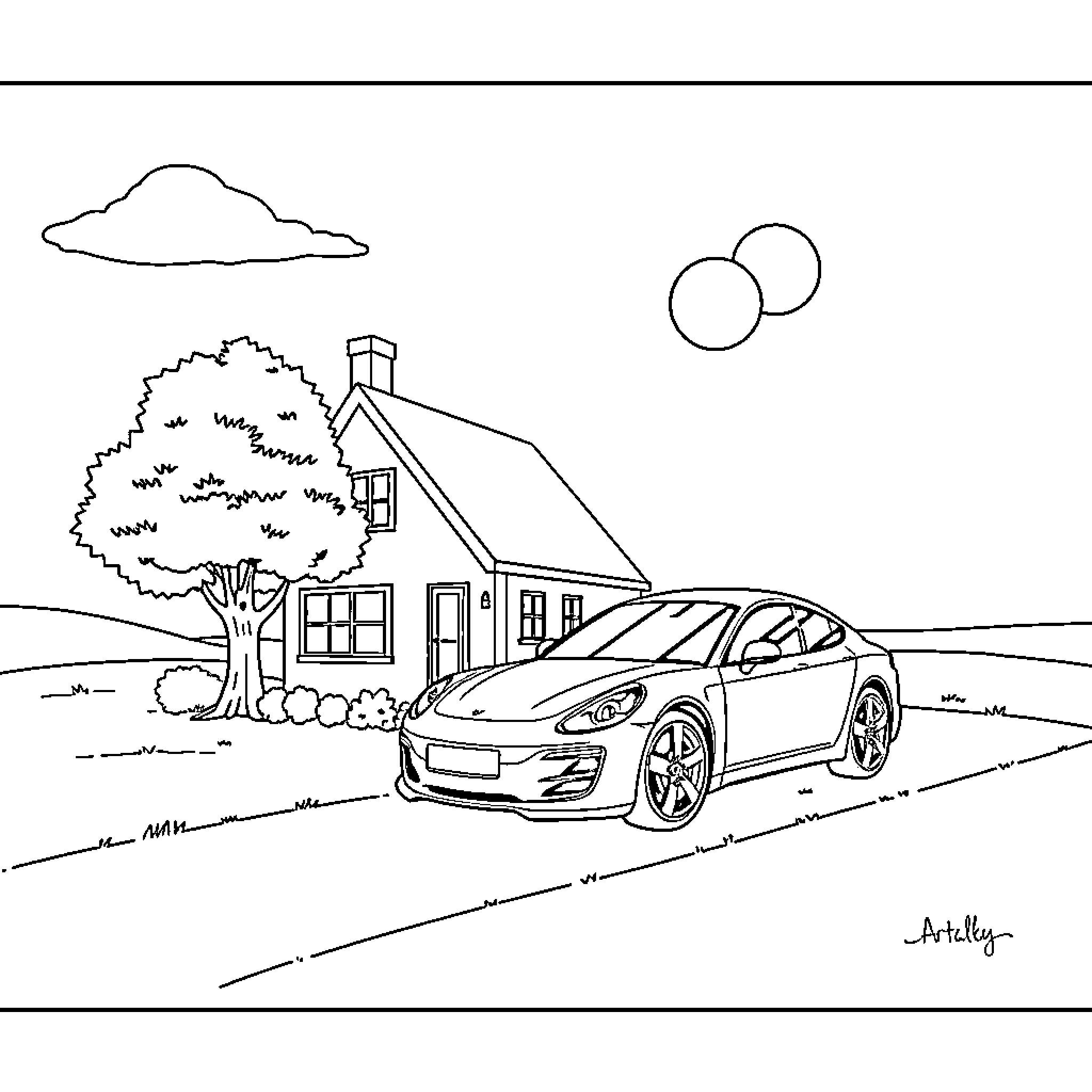 House with car parked in the driveway Coloring Page (free black-and-white line drawing printable PDF for all, from beginners to advanced learners, including children, teens, adults, and seniors)