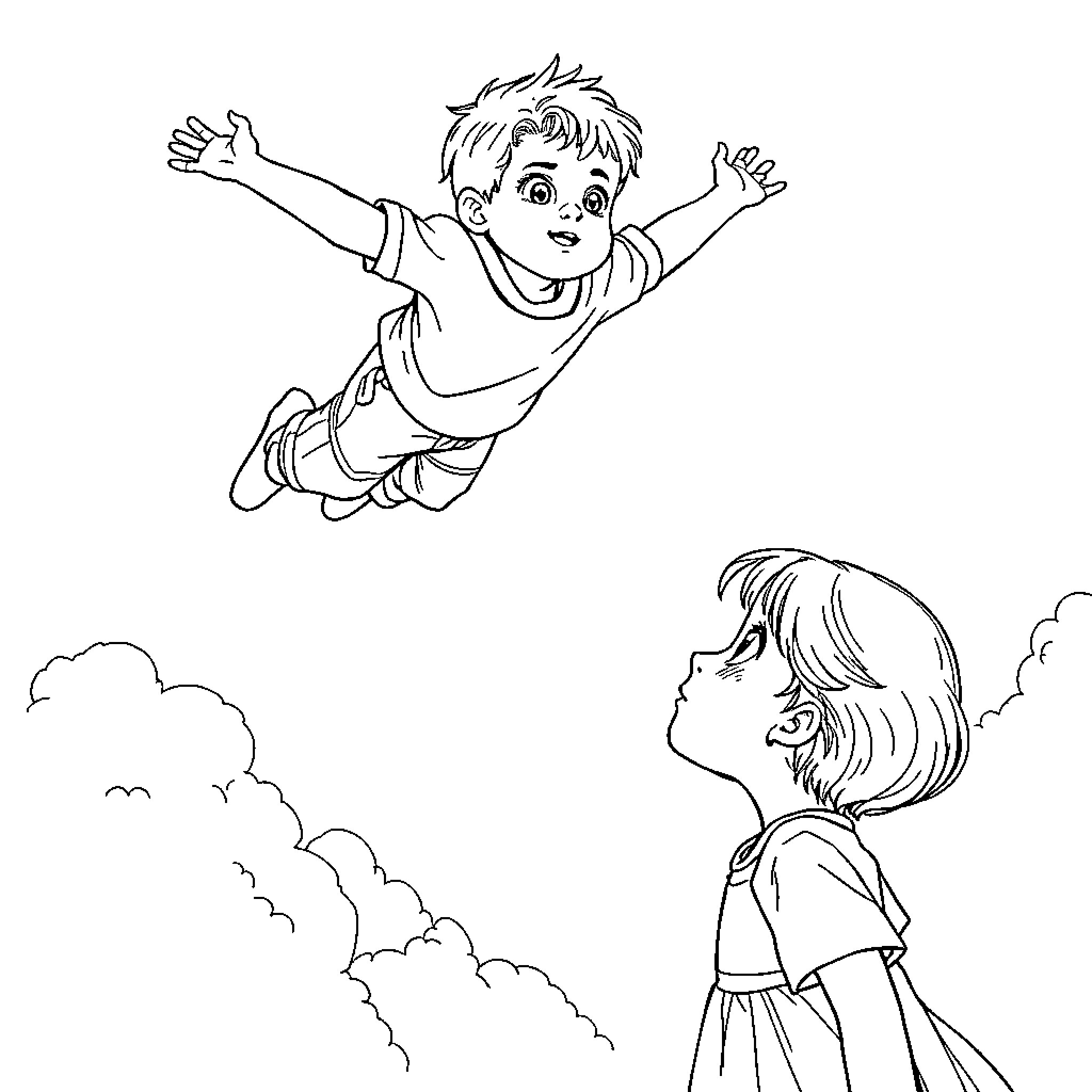 Boy soaring through the sky with joyful expression Coloring Page (free black-and-white line drawing printable PDF for all, from beginners to advanced learners, including children, teens, adults, and seniors)