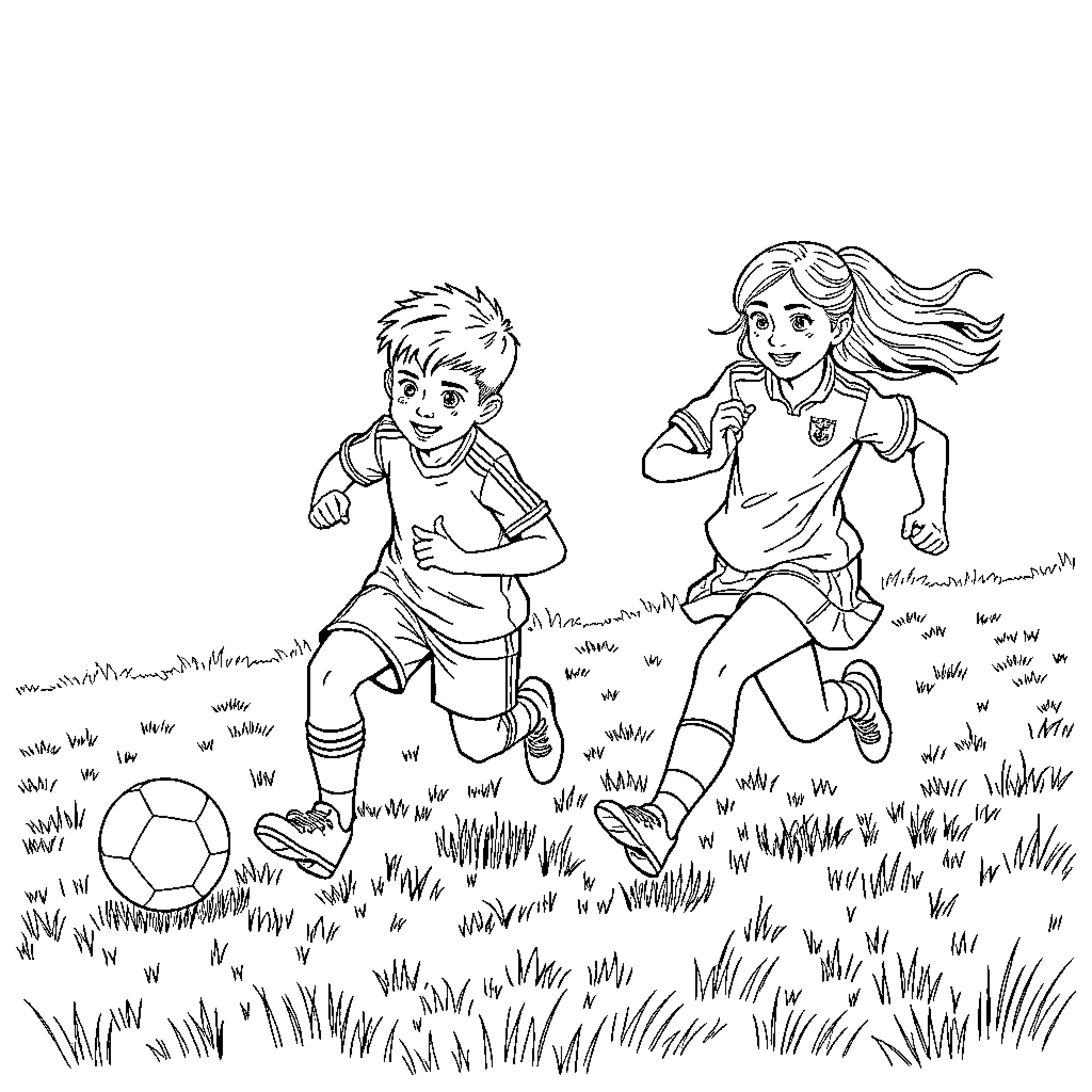 Child athletes running and playing soccer on field Coloring Page (free black-and-white line drawing printable PDF for all, from beginners to advanced learners, including children, teens, adults, and seniors)