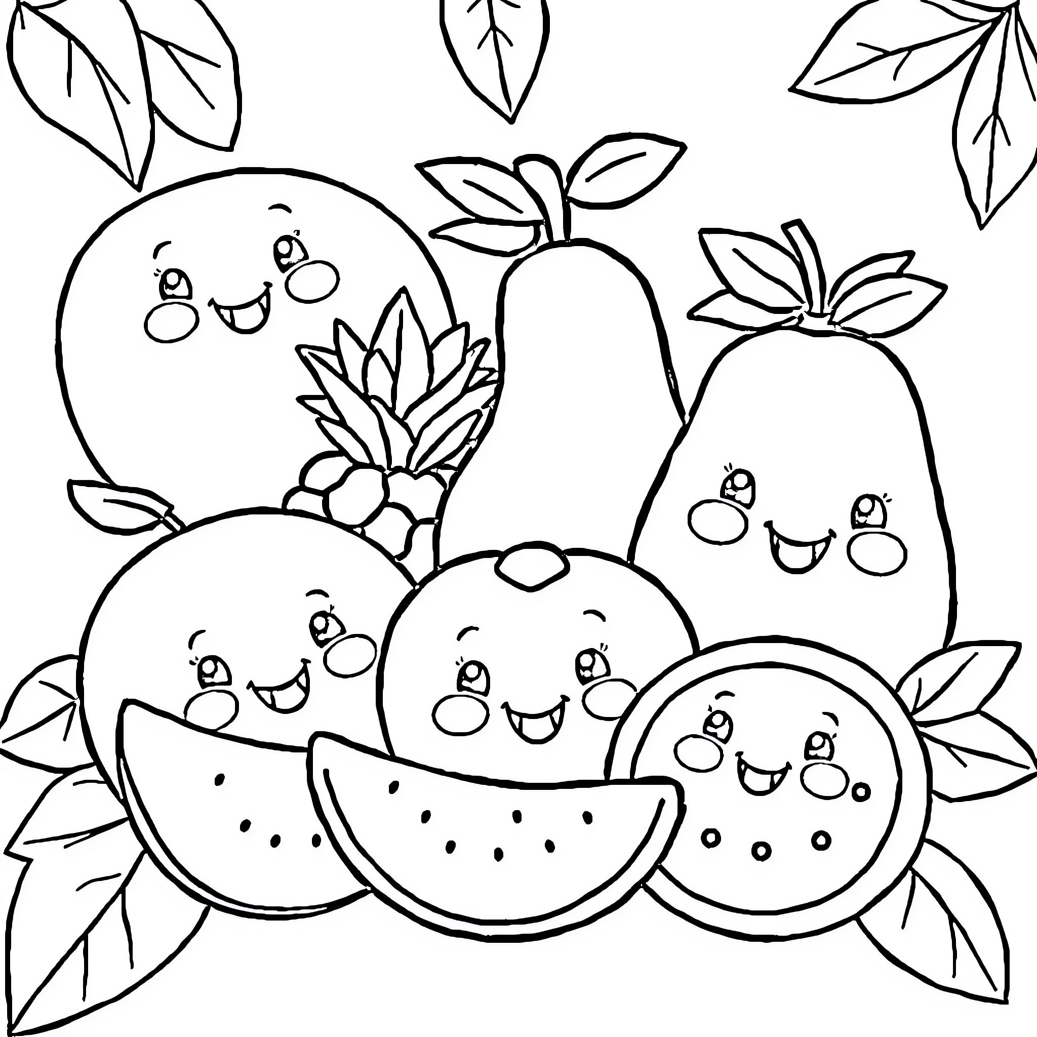 Fruit friends in a garden scene Coloring Page (free black-and-white line drawing printable PDF for all, from beginners to advanced learners, including children, teens, adults, and seniors)