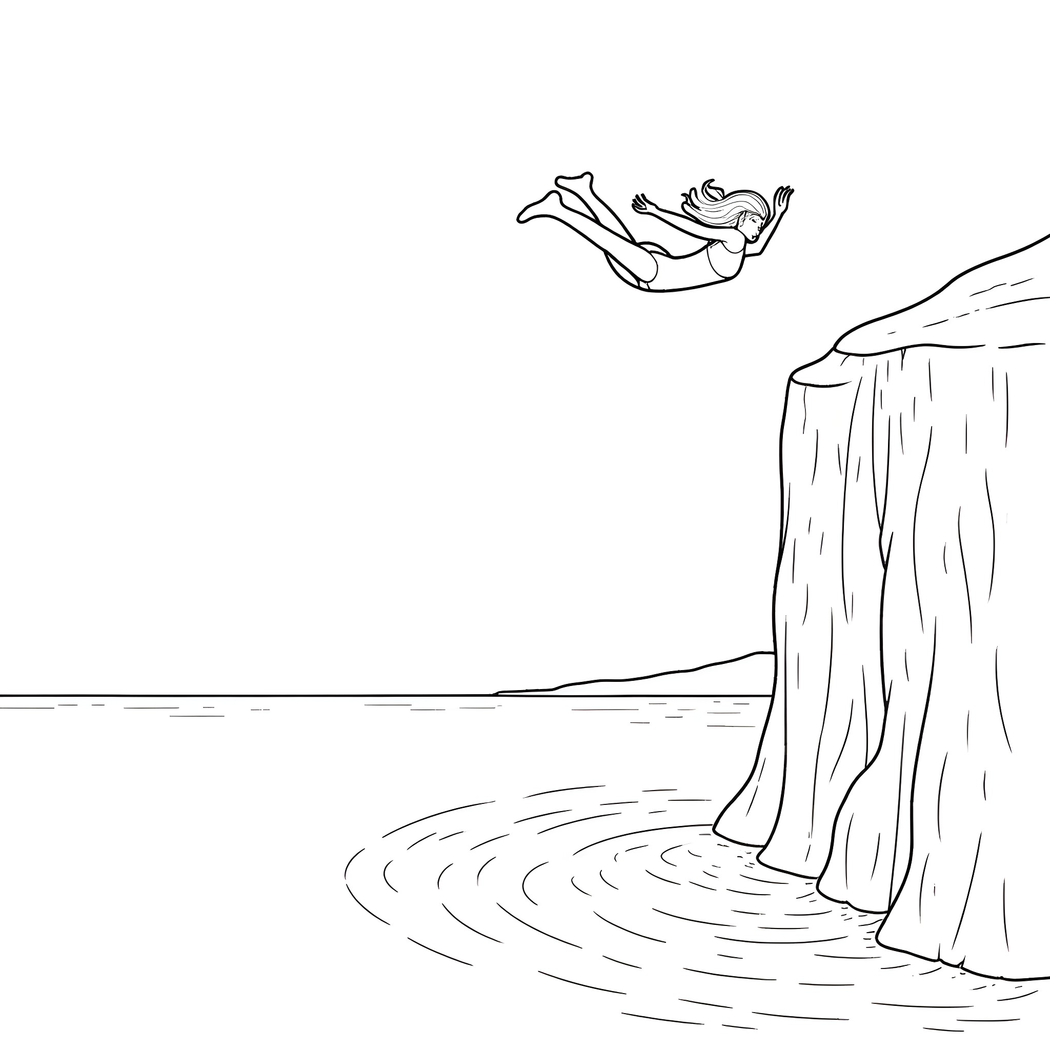 Karen diving gracefully into the tranquil waters Coloring Page (free black-and-white line drawing printable PDF for all, from beginners to advanced learners, including children, teens, adults, and seniors)