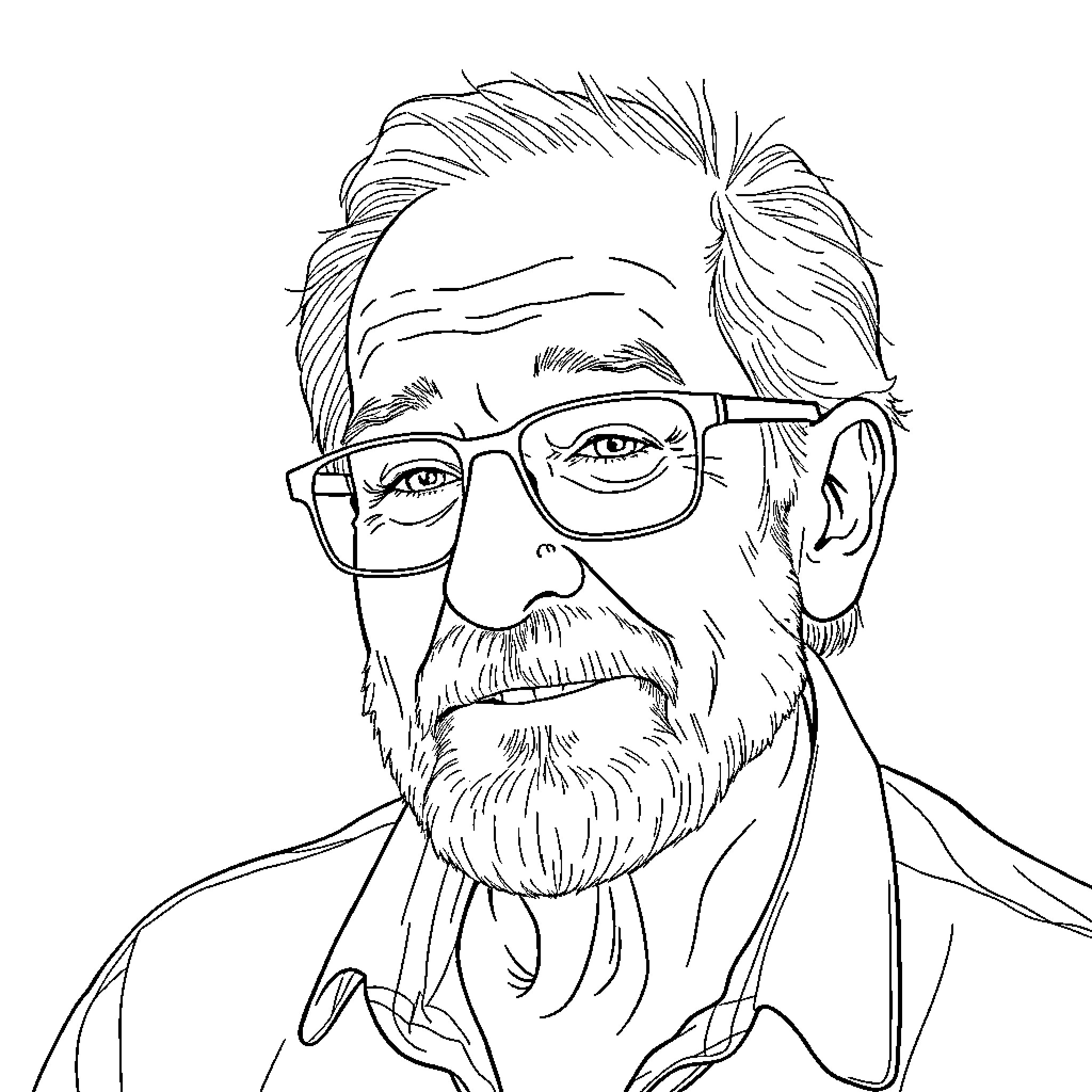 Kid with glasses and beard in thoughtful expression Coloring Page (free black-and-white line drawing printable PDF for all, from beginners to advanced learners, including children, teens, adults, and seniors)