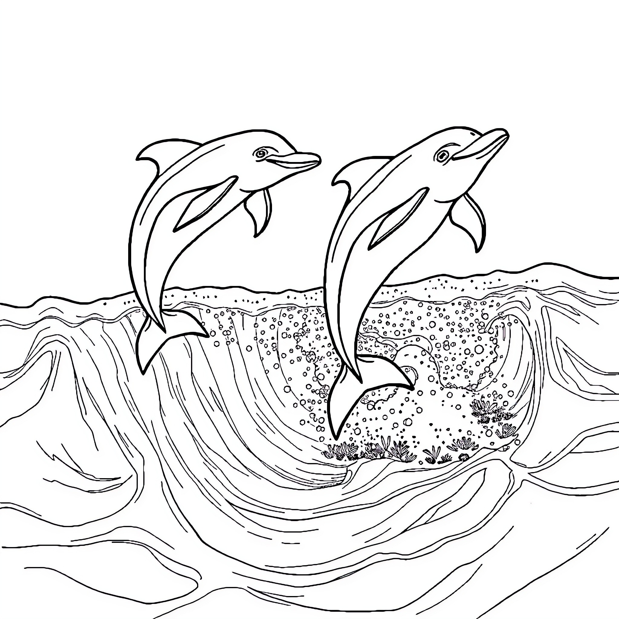 Dolphins leaping joyfully through ocean waves Coloring Page (free black-and-white line drawing printable PDF for all, from beginners to advanced learners, including children, teens, adults, and seniors)