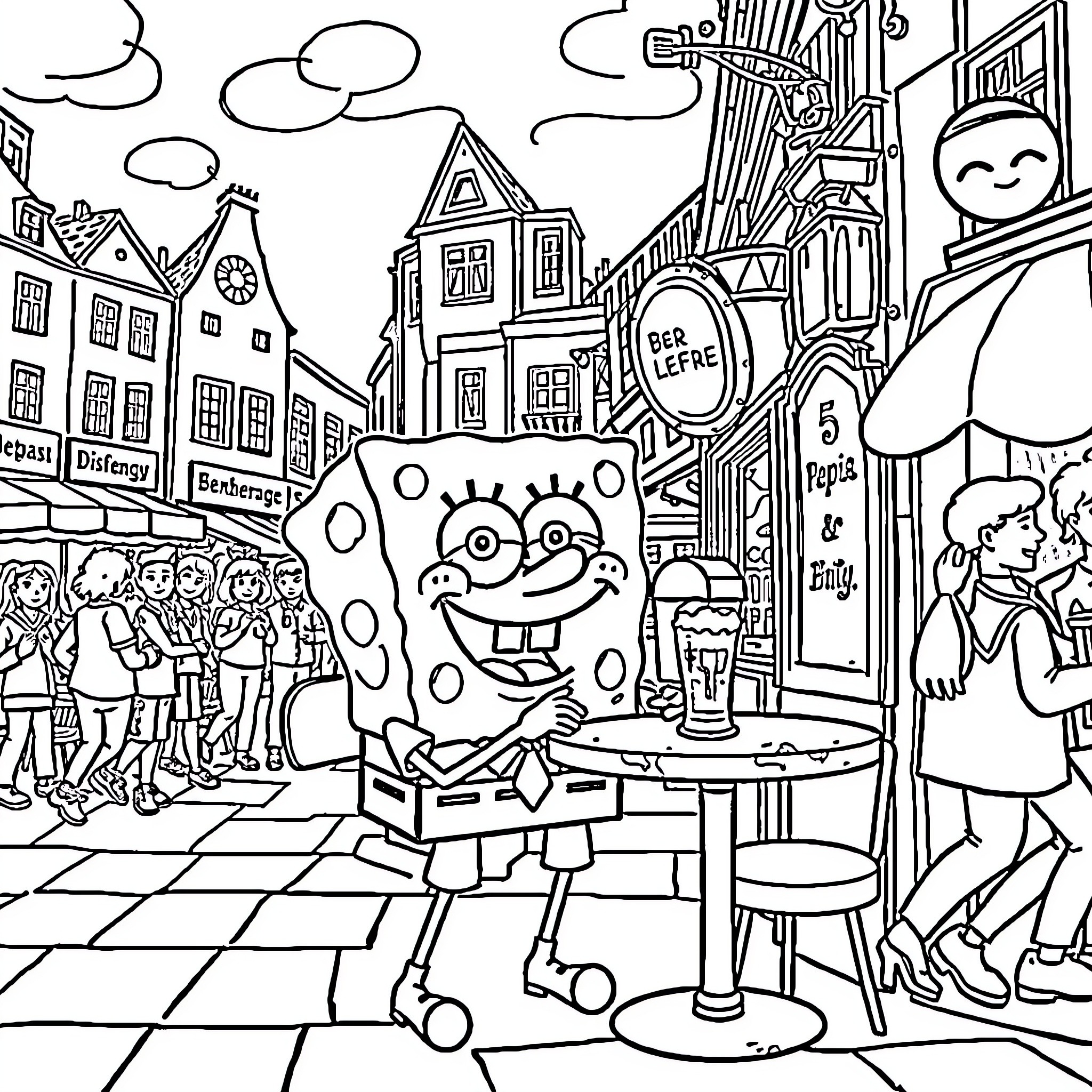 Spongebob enjoying a cafe in a lively city street Coloring Page (free black-and-white line drawing printable PDF for all, from beginners to advanced learners, including children, teens, adults, and seniors)