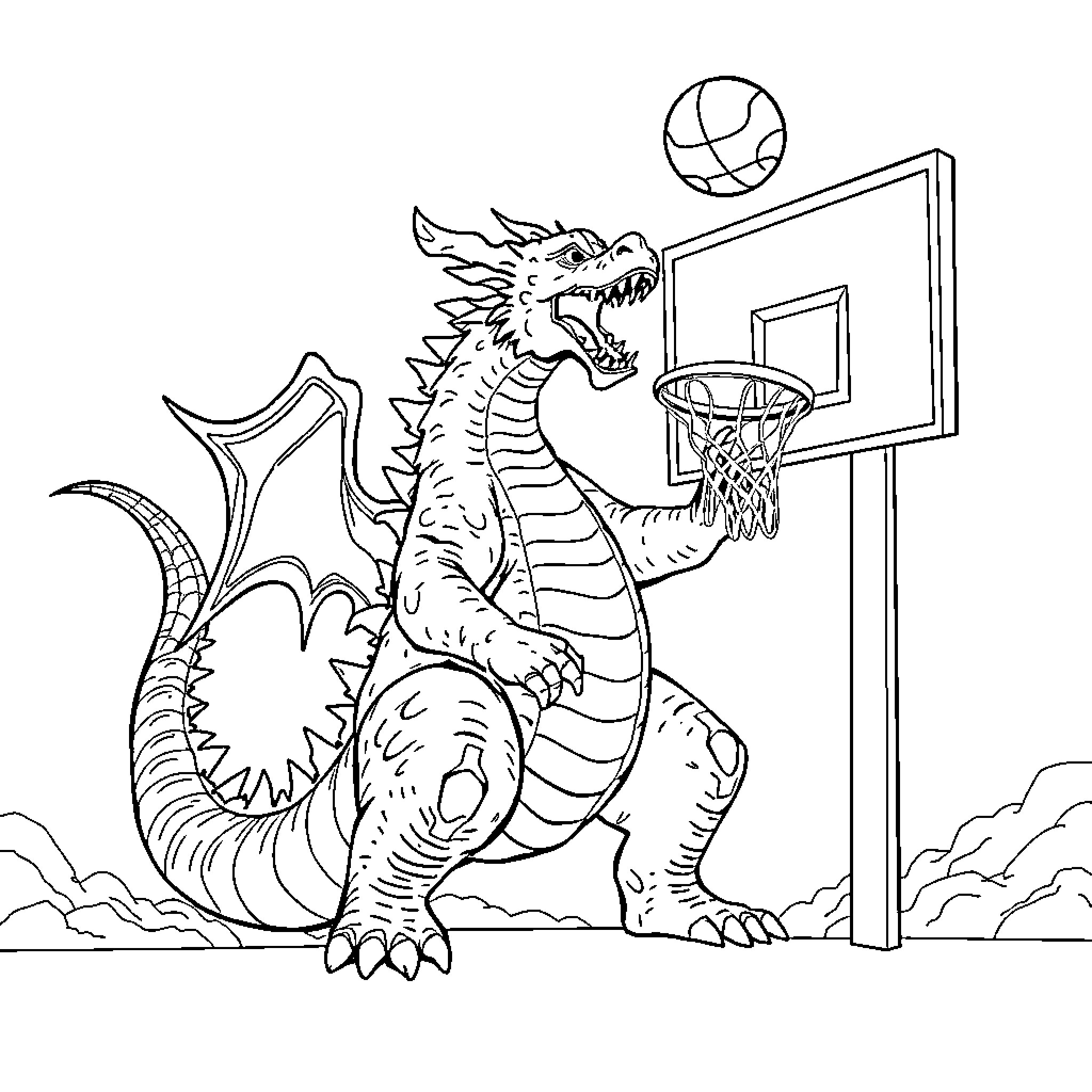 King Ghidorah playing basketball with ferocity Coloring Page (free black-and-white line drawing printable PDF for all, from beginners to advanced learners, including children, teens, adults, and seniors)
