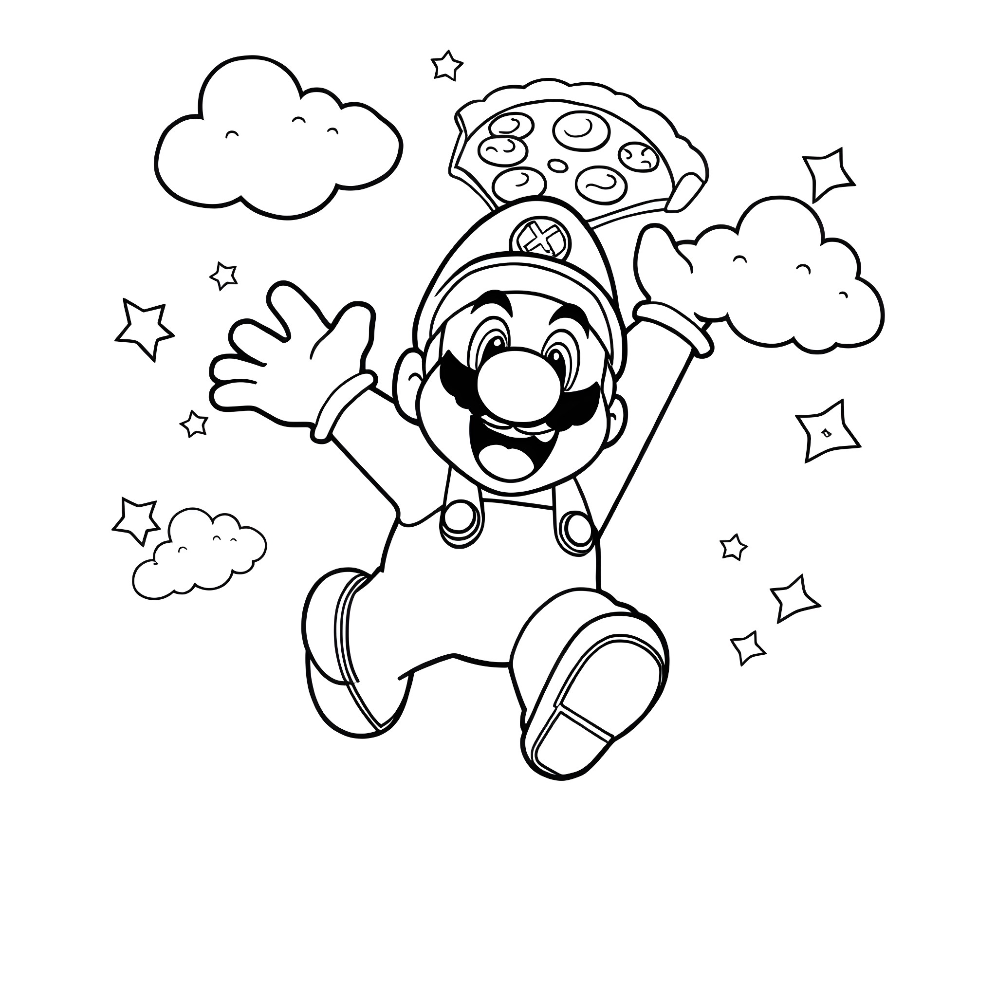 Mario leaping joyfully with a pizza in the sky Coloring Page (free black-and-white line drawing printable PDF for all, from beginners to advanced learners, including children, teens, adults, and seniors)