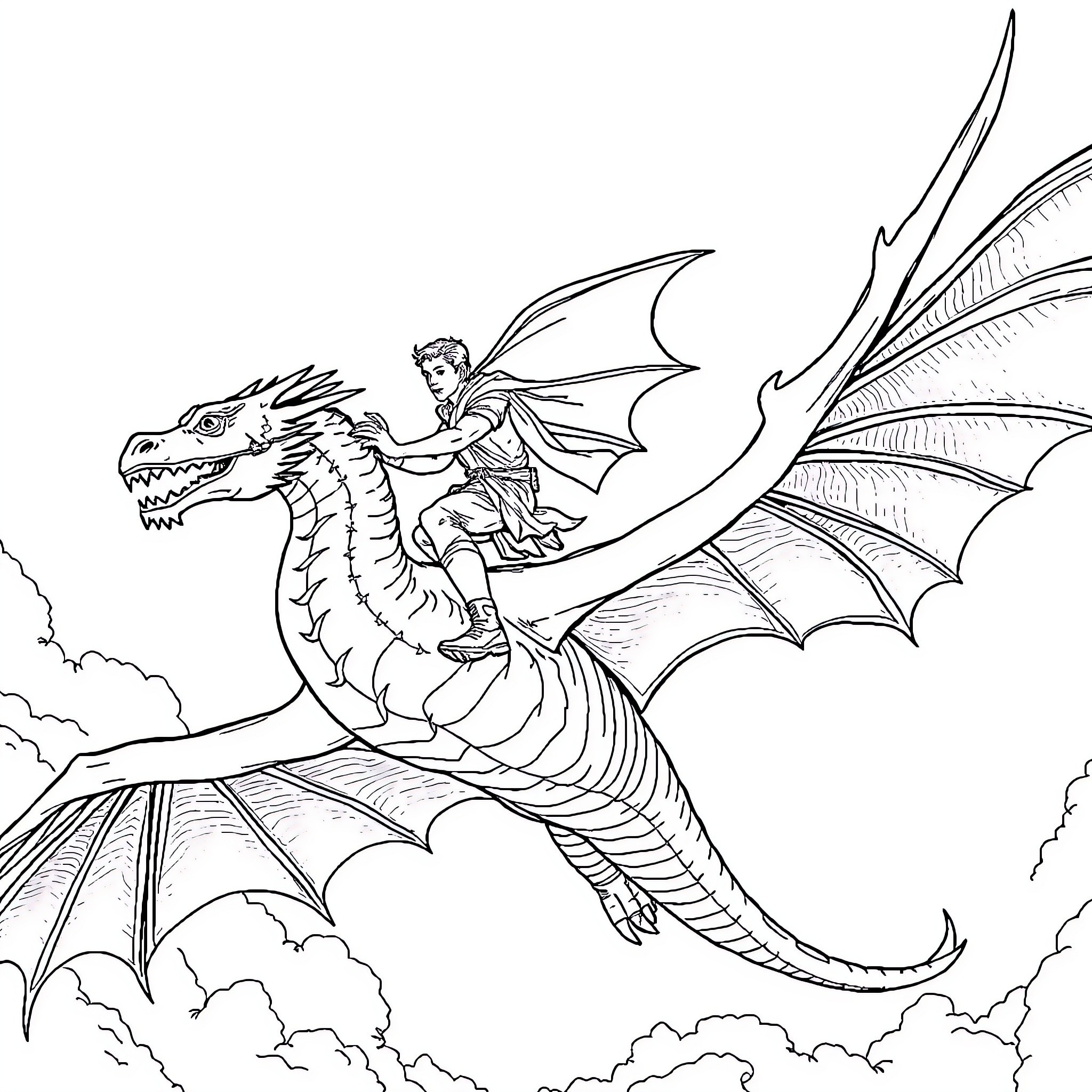 Man on Dragon Soaring in the Sky Coloring Page (free black-and-white line drawing printable PDF for all, from beginners to advanced learners, including children, teens, adults, and seniors)