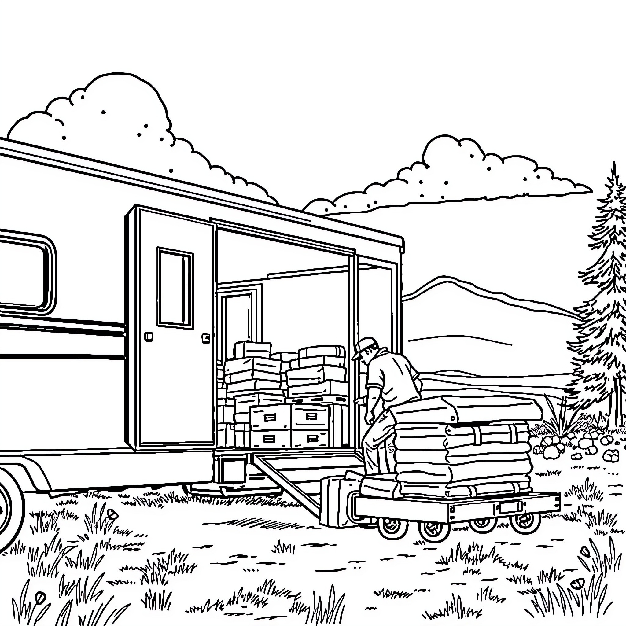 Chapel Roan unloading supplies at the campsite Coloring Page (free black-and-white line drawing printable PDF for all, from beginners to advanced learners, including children, teens, adults, and seniors)