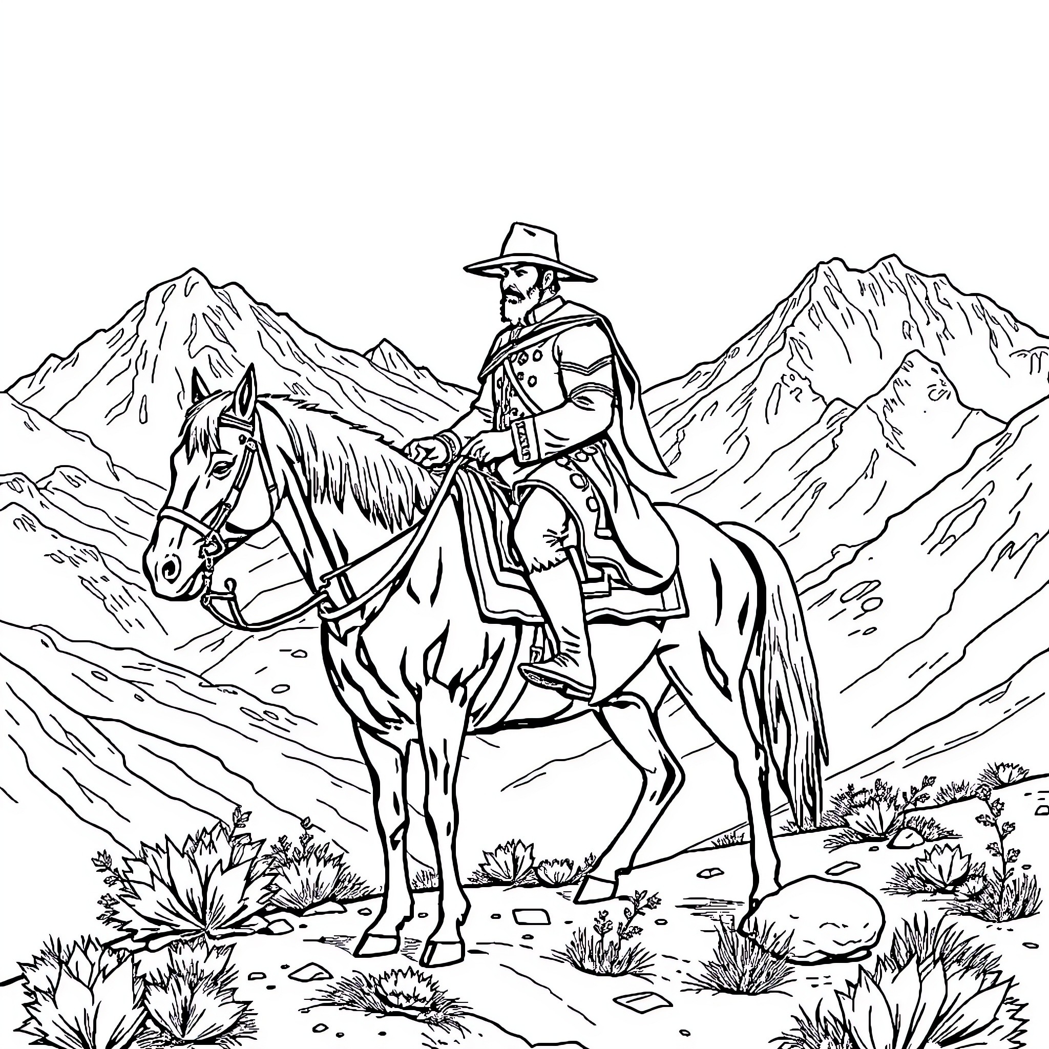 General Jose de San Martin on Horseback in the Mountains Coloring Page (free black-and-white line drawing printable PDF for all, from beginners to advanced learners, including children, teens, adults, and seniors)