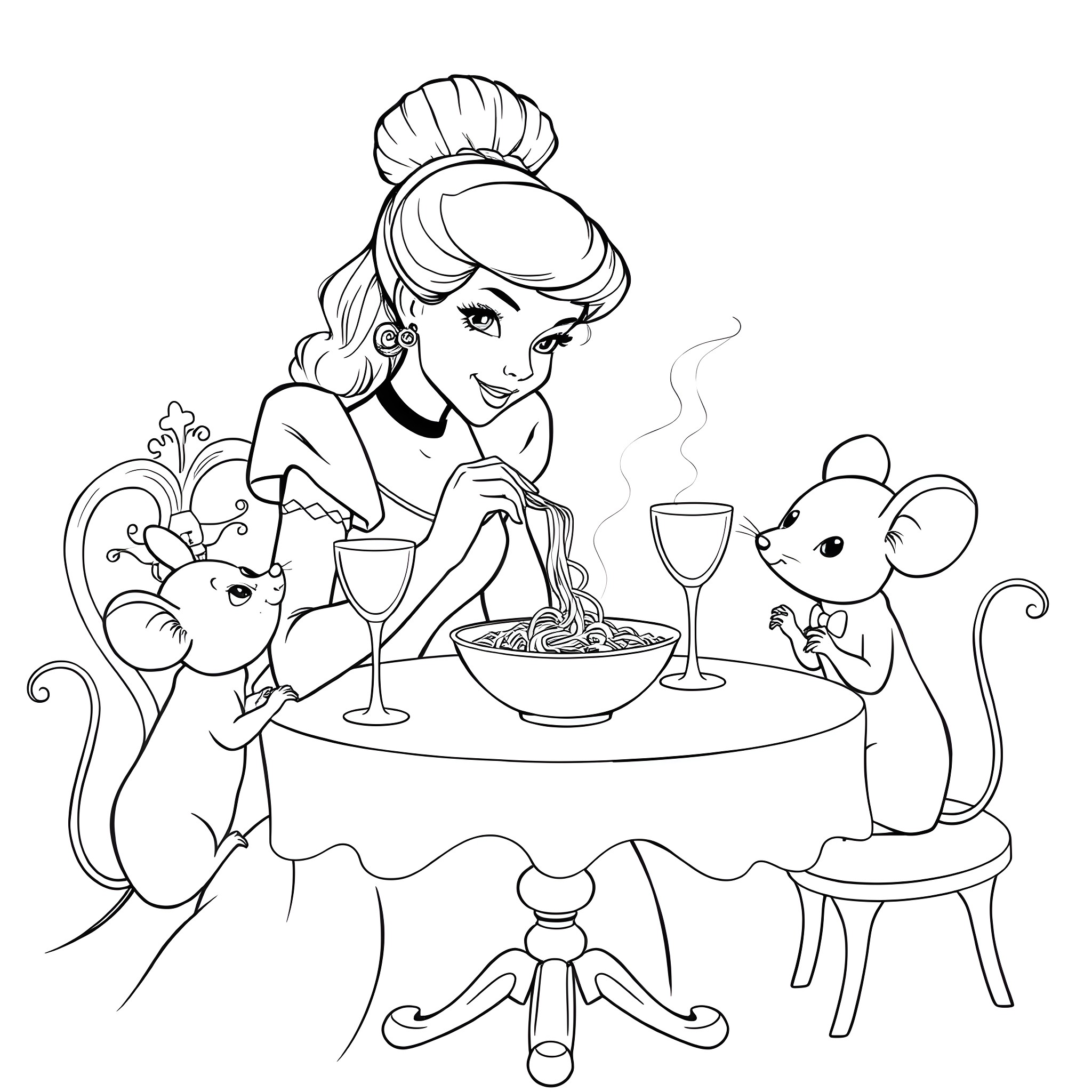 Cinderella enjoying a fancy dinner with her animal friends Coloring Page (free black-and-white line drawing printable PDF for all, from beginners to advanced learners, including children, teens, adults, and seniors)