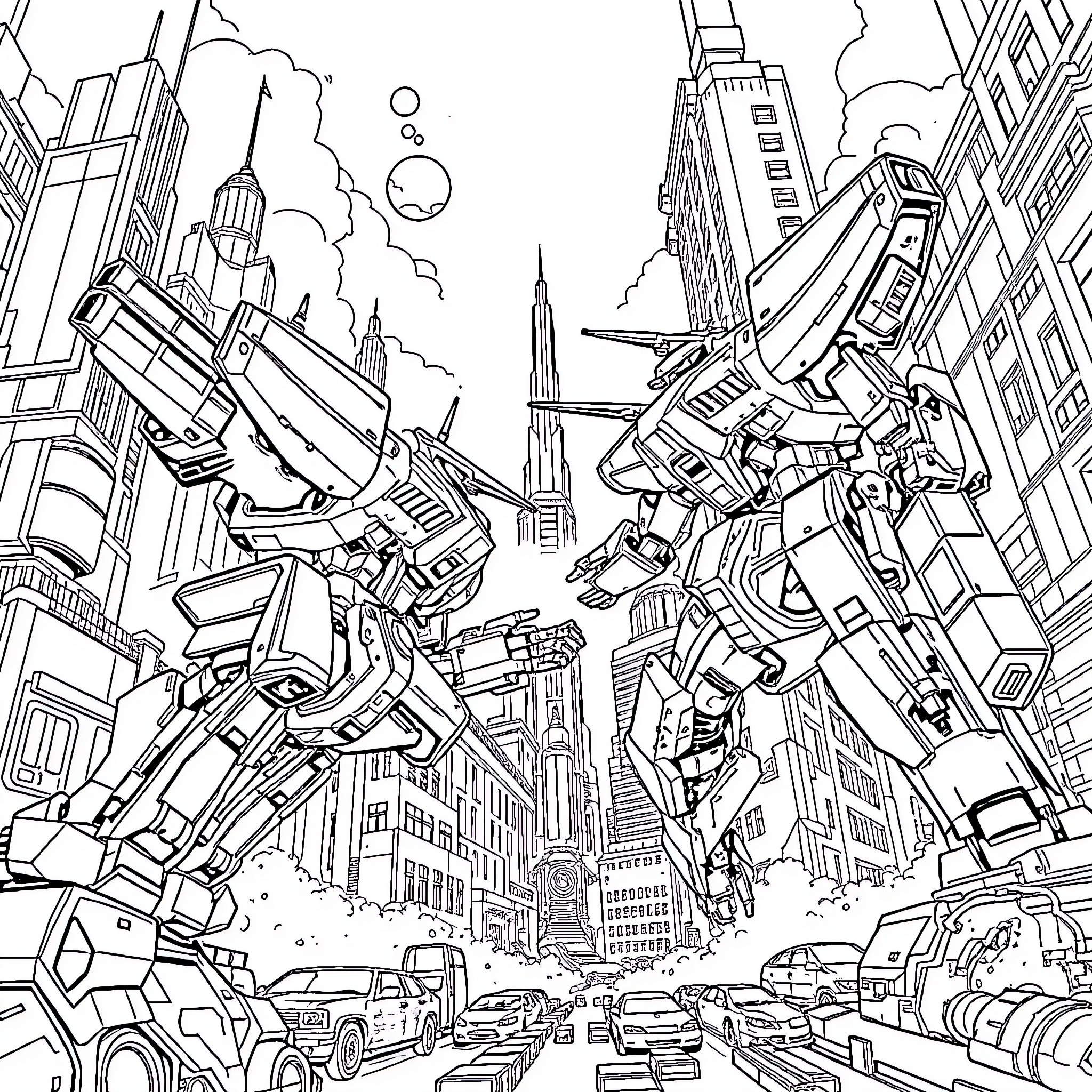 Mech Robots Battling in Futuristic City Skyline Coloring Page (free black-and-white line drawing printable PDF for all, from beginners to advanced learners, including children, teens, adults, and seniors)