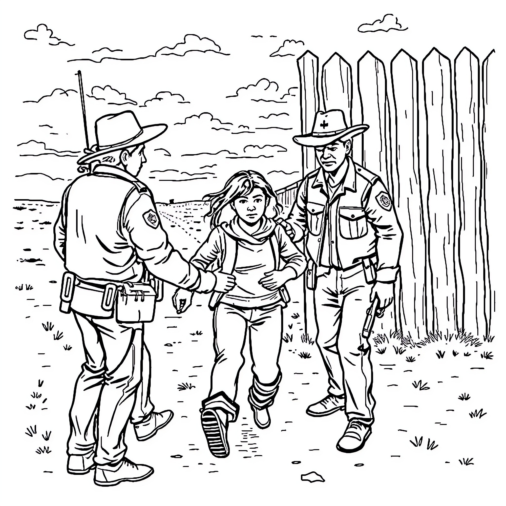 Mexican border patrol officers apprehending suspected immigrant Coloring Page (free black-and-white line drawing printable PDF for all, from beginners to advanced learners, including children, teens, adults, and seniors)