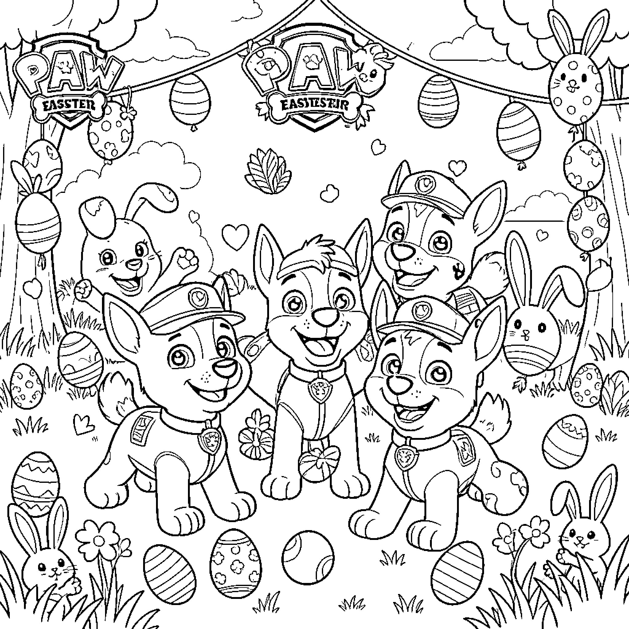 Paw Patrol Easter Celebration Coloring Page (free black-and-white line drawing printable PDF for all, from beginners to advanced learners, including children, teens, adults, and seniors)