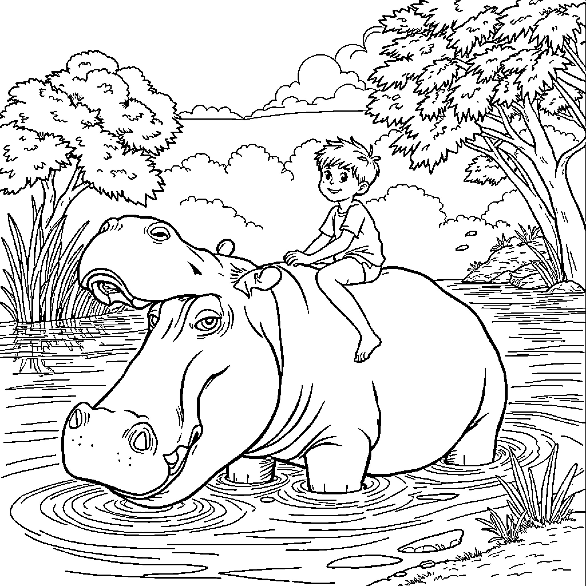 Boy riding on a hippo in the serene nature Coloring Page (free black-and-white line drawing printable PDF for all, from beginners to advanced learners, including children, teens, adults, and seniors)