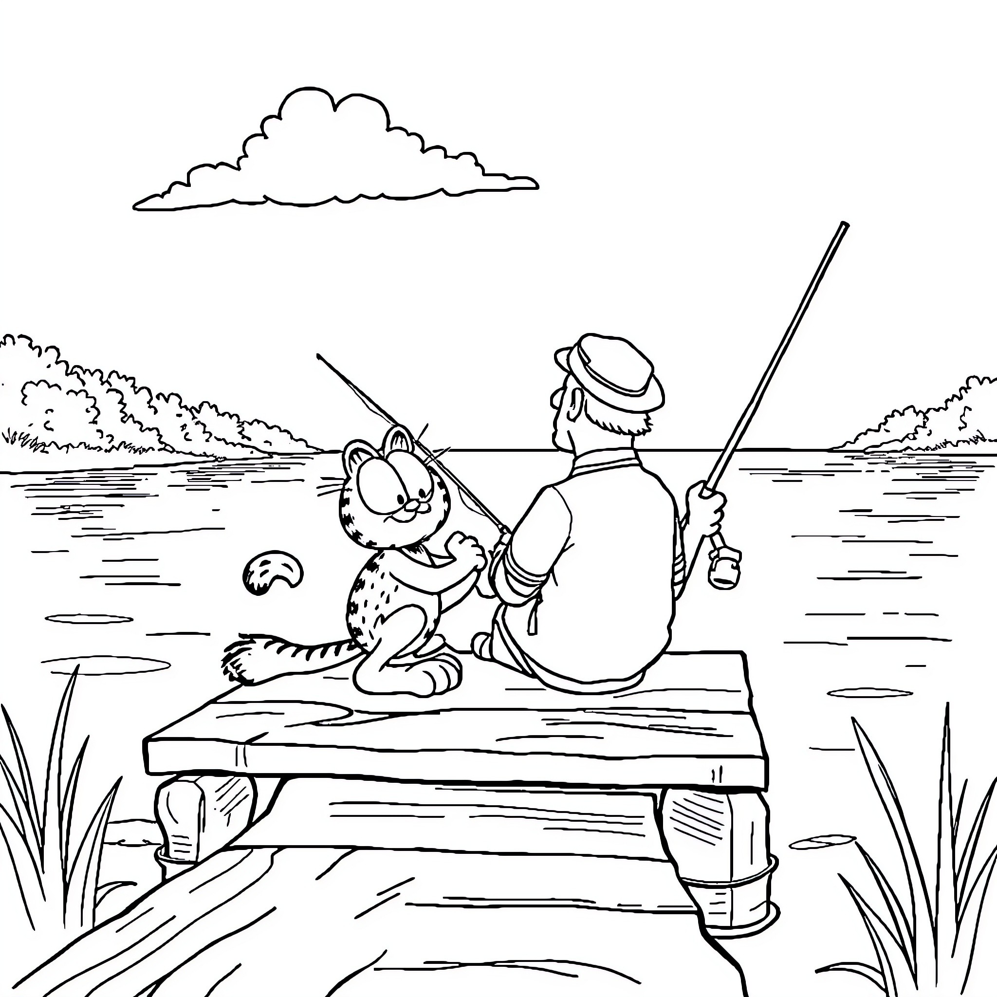 Garfield fishing peacefully with a friend Coloring Page (free black-and-white line drawing printable PDF for all, from beginners to advanced learners, including children, teens, adults, and seniors)